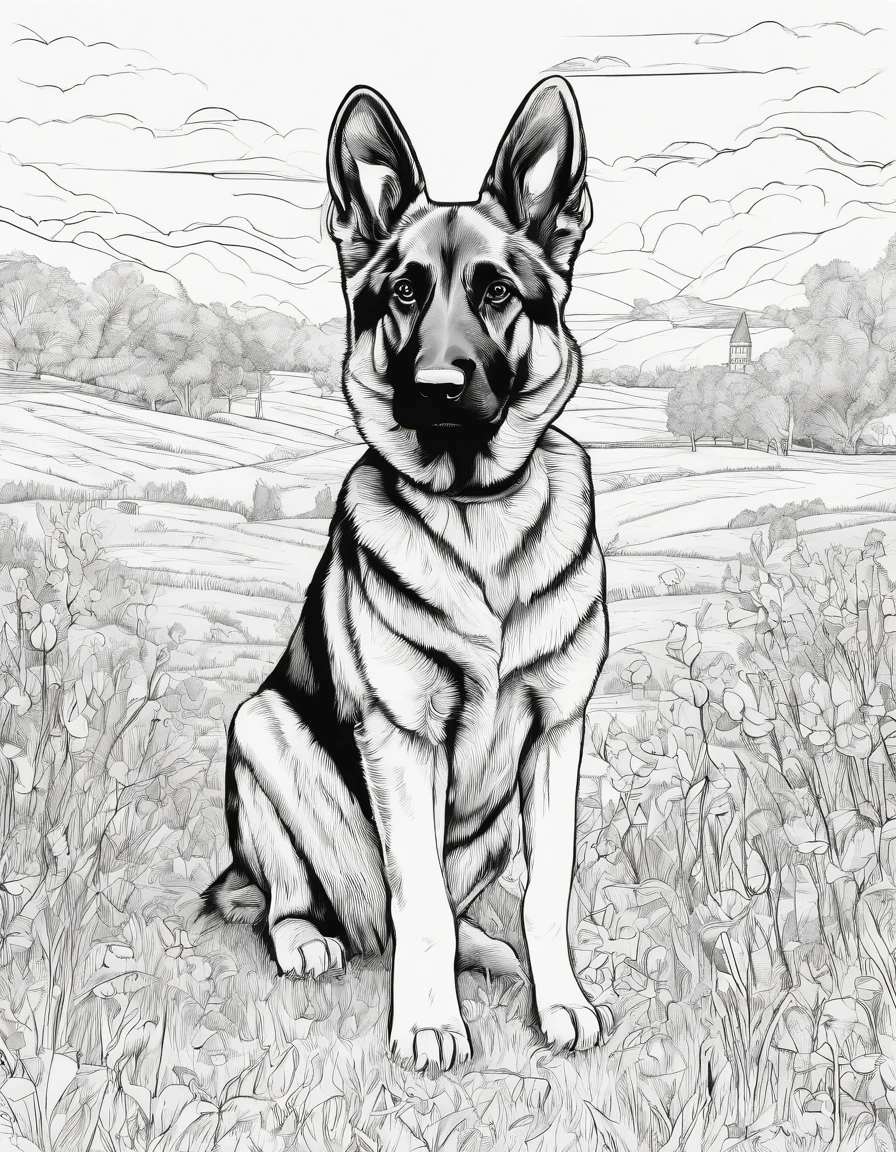 German shepherd puppy in a field, for coloring book page, high quality