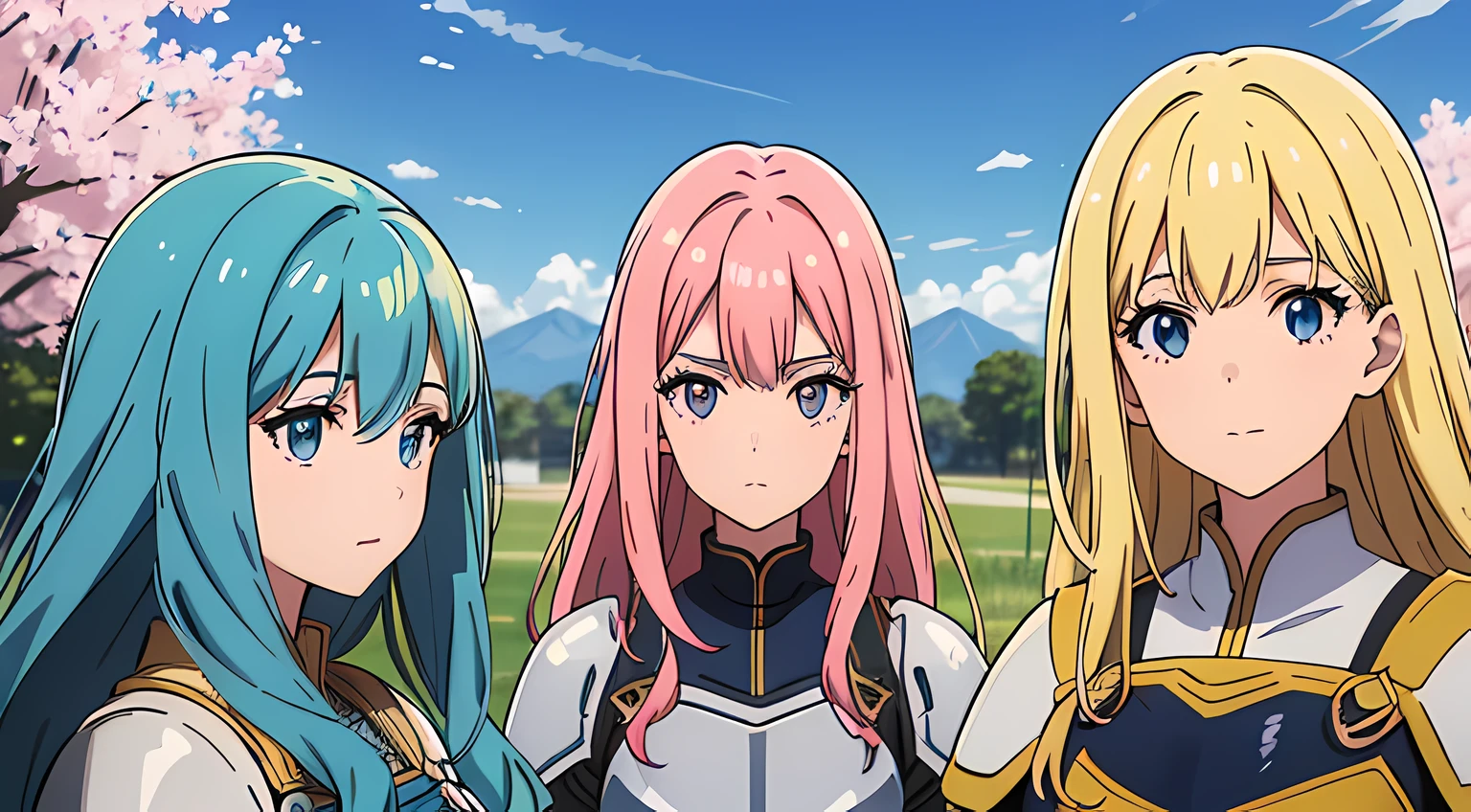 (3 moe girls), (beautiful eyes finely detailed, face to detail, multi color hair, long hair), wearing knight battle suit, half body illustration, happy facial expression, walking together as a friend, the background is in the middle age park, many magical particles surrounding them, masterpiece, top-quality, detailed, high resolution illustration