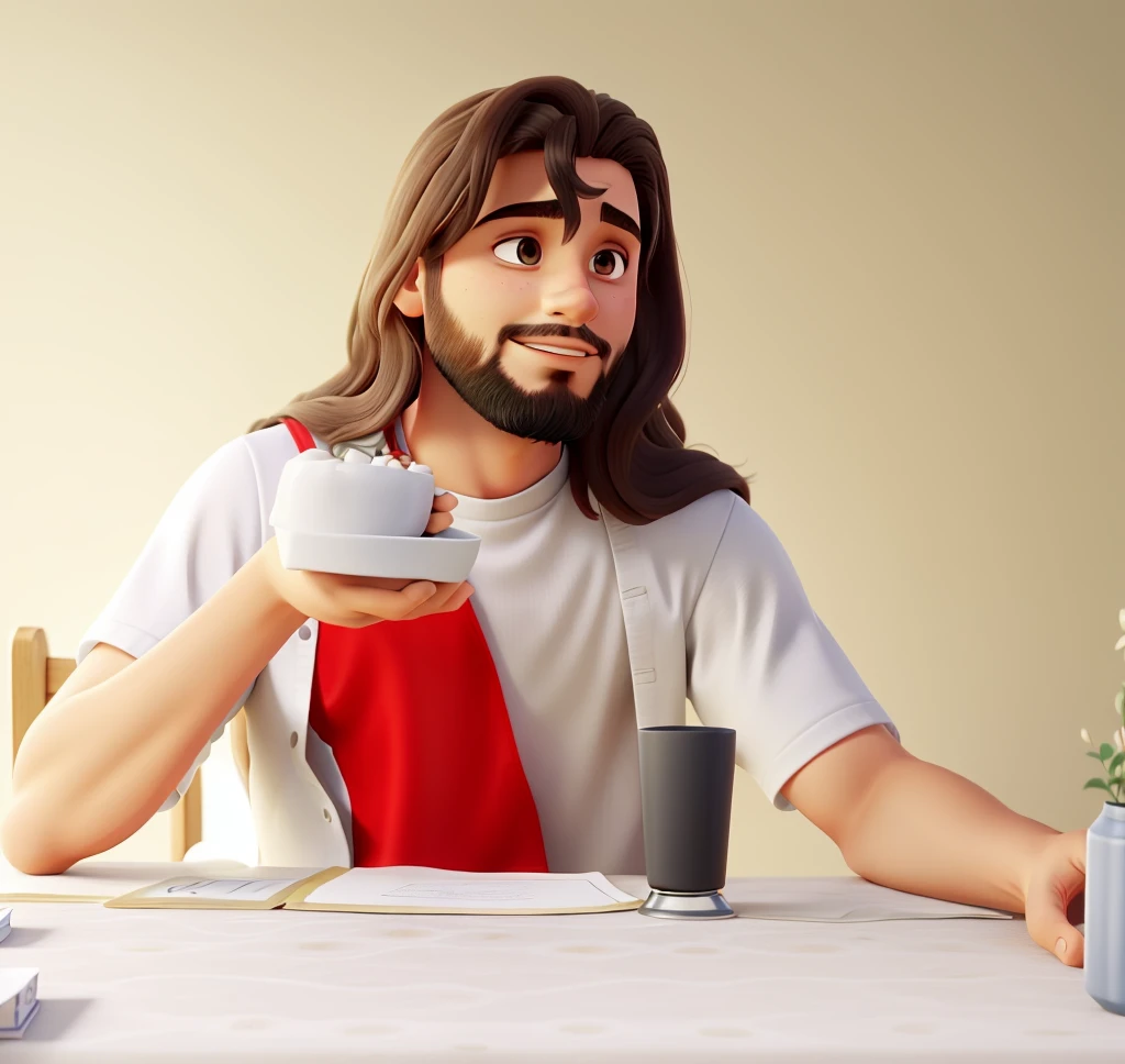 A young man, de cabelos longos, vestido de Jesus, quase sem barba, olhos gentis, with a red tunic, sentado como se estivesse na Santa Ceia, melhor qualidade, alta qualidade