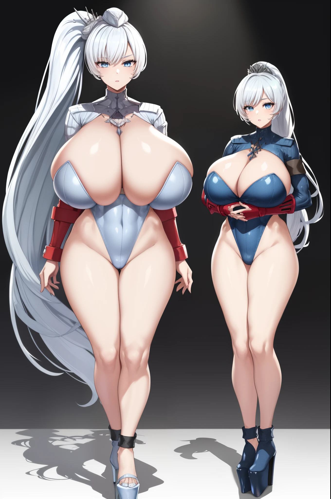 Weiss schnee, 
(Standing at attention),
(platform_heels:1.5),blue dollsuit, boots
White hair, blue eyes, Very Long Hair, ponytail 
1 girl,Beautiful Finger,Beautiful long legs,Beautiful body,Beautiful Nose,Beautiful character design, perfect eyes, perfect face,expressive eyes,
looking at viewer,(full_body),(Focus on her face),
official art,extremely detailed CG unity 8k wallpaper, perfect lighting,Colorful,shiny skin, 
(masterpiece:1.0),(best_quality:1.0), ultra high res,4K,ultra-detailed, dollsuit
photography, 8K, HDR, highres, absurdres:1.2, Kodak portra 400, film grain, blurry background, bokeh:1.2, lens flare, (vibrant_color:1.2)
(Beautiful,gigantic_Breasts:1.6), (beautiful_face:1.5),(narrow_waist), (muscular_female:1.4)