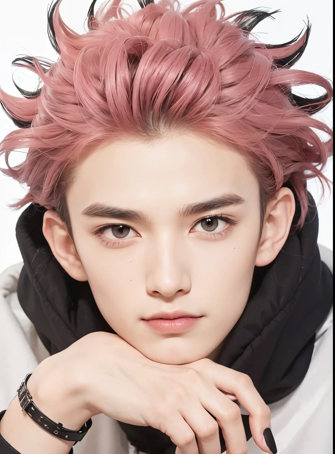 A man with realistic thin pink and black hair, exactly the same hairstyle, realistic handsome face, realistic cool expression, realistic long black nails,nice hands ultra realistic details, adapt Clothes exactly the same, realistic light, realistic shadows, realistic background
