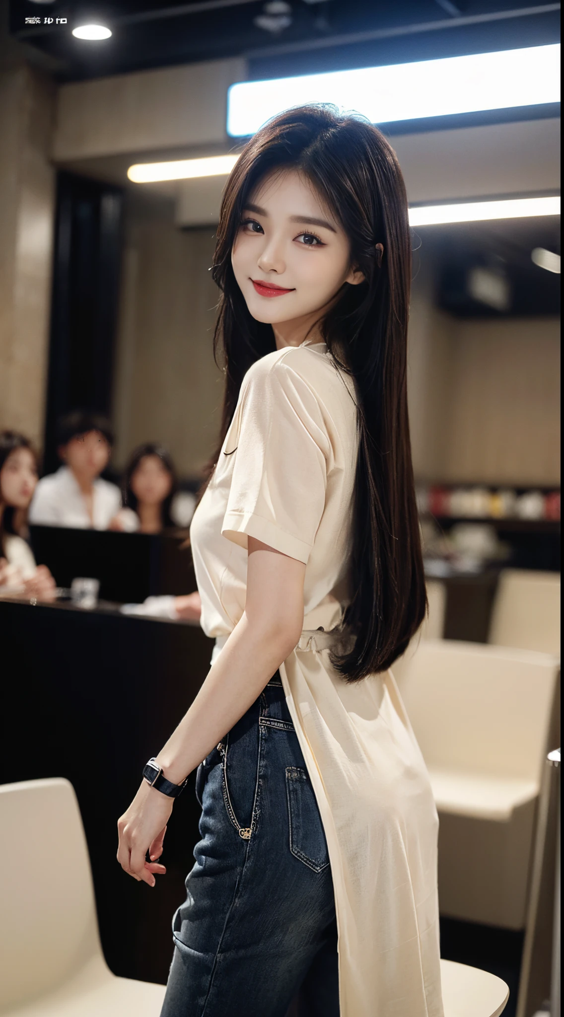 masterpiece、top-quality)、1 beutiful girl、slim、((Black and white casual clothes:1.1))、(Delicate and beautiful eyes)、Take a walk around the store、((Boyish brown medium length hair))、((The face is smaller))、((neutral face))、((Face seen from the side))、((light brown eyes))、((Korean girls))、((18 years old))、((Cool lady))、((A shy smile on his face))、((Korean makeup))、((eyes long and sharp))、((Happy dating))、((Watch from afar))、((boyish sense))、((Shoot from the same height as the face))、((shorter than the audience))、((She runs ahead of the audience))、((Cover your mouth with your hands))