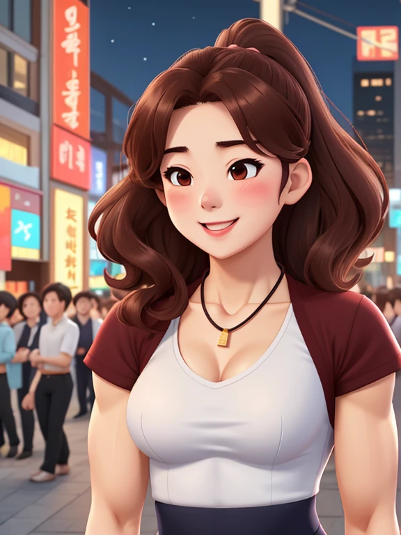 attractive korean woman, ripped muscle, muscular body, small breast, pale skin, smile(blush), sundress, thin necklace, sixpack abs, [ultra detailed skin:1.2], brown hair, wavy hair, 8k uhd, full body, stand, crowd, public, night, office,