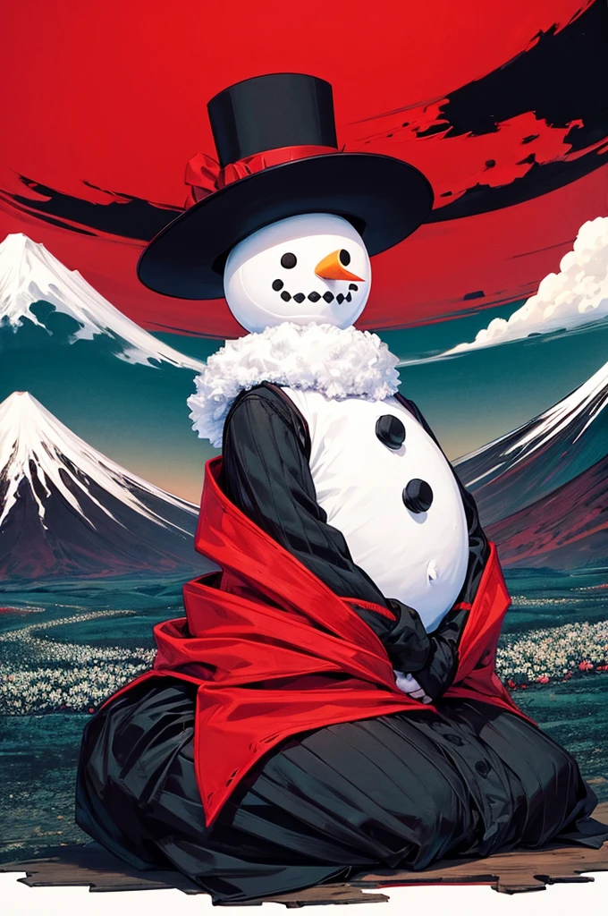 snowman black top hat, red scarf, black buttons, wooden arms, sitting in front of detailed Mt. Fuji, full moon