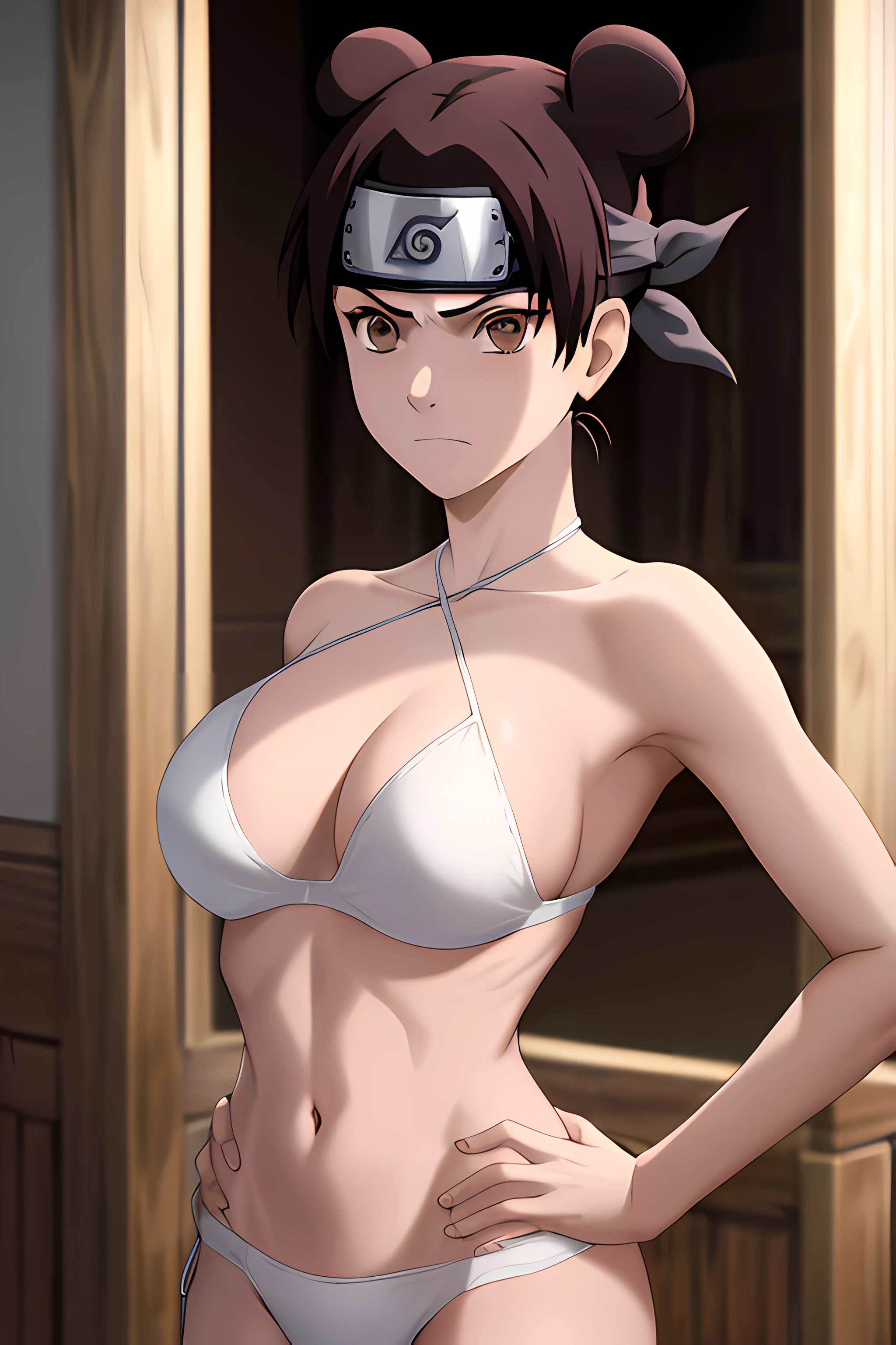 masterpiece, absurdres , (intricate details), (colorful),cinematic lighting,bust shot,extremely detailed CG unity 8k wallpaper,tenten\(shippuden\), 1girl, solo, ((white bikini)), ((large breasts)), hand on hip,forehead protector, konohagakure symbol, headband, looking at viewer, beach, frown, Hourglass body, thin waist, very thin waist, ((midriff)),