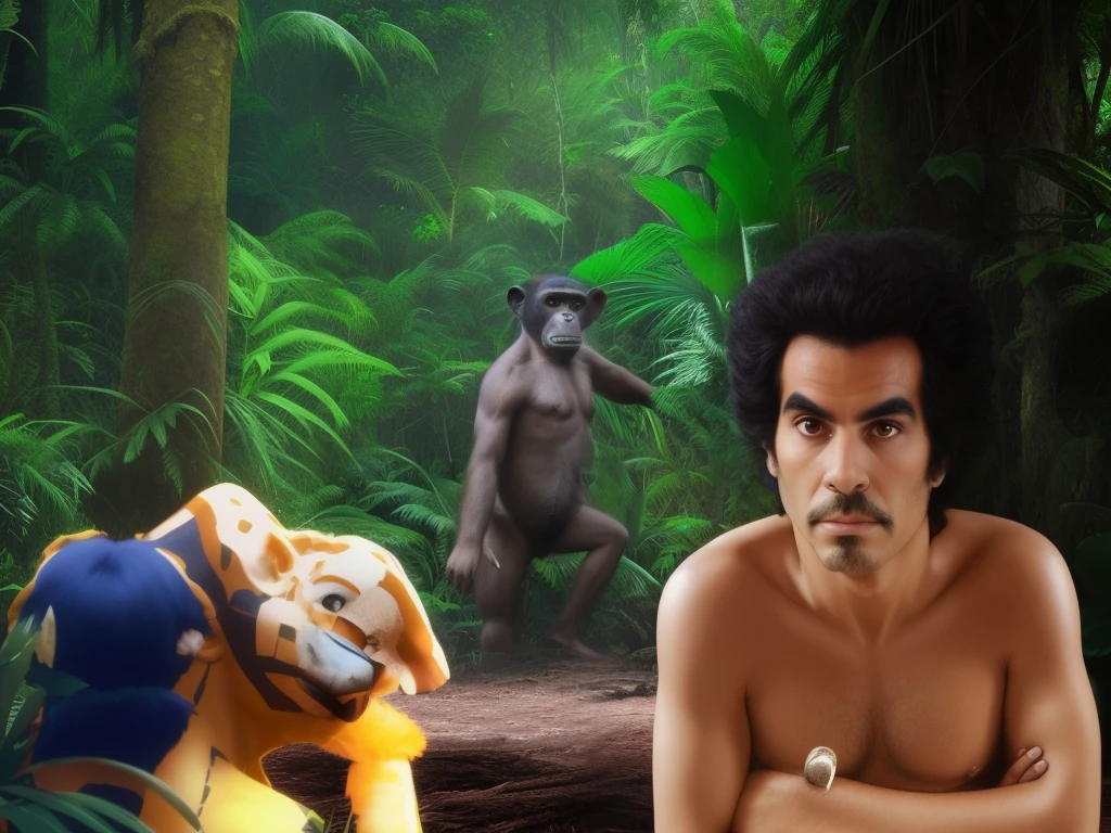 there is a man with a stuffed animal in front of him, en una jungla, En la selva, en la selva, en el bosque de la selva !!!, frank dillane as a satyr, Fiesta en selvas, Jungla en el fondo, lord of the jungle, Vaporwave Jungle, in a jungle environment, Borat is a chimpanzee, en el bosque de la selva, in a jungle forest