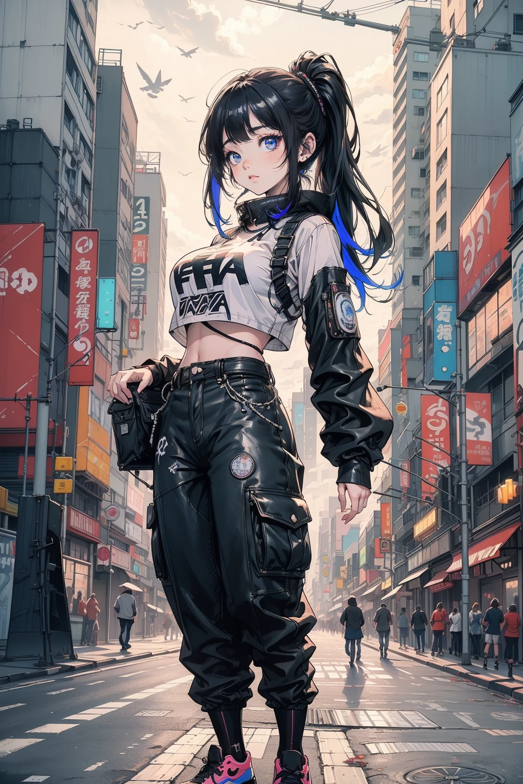 (tmasterpiece、highest qualityr、highest qualityr、Arte oficial、El es muy detallado、aesthetically pleasing:1.2)、(1chica en)、(Arte fractal:1.3)、Peinado aleatorio、Los colores de cabello aleatorios son coloridos、Foto de cuerpo completo de、(cyberpunkTLa camisa)、Anime Big Breast、Pantalla montada en la cabeza、Neon light detail、intuitivo、La ciudad del futuro、afilado、Enfoque preciso、pose aleatoria、Ciudad Cyber Punk、Neon lights on the street、Foto de Insta、Photo of the Year、cinema4d、dramatic、