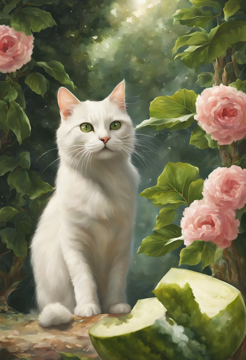 (1.2)best quality, (1.2)ultra-detailed, (1.2)high-res, (1.2)masterpiece:1.2, HDR, UHD, (1.2)studio lighting, (1.2)ultra-fine painting, (1.2)sharp focus, (1.2)physically-based rendering, (1.2)extreme detail description, (1.2)professional, (1.2)vivid colors, (1.2)bokeh, (1.37)realistic, (1.37)photo-realistic, (1.37)painting-level detail, (1.37)hyper-realistic, (1.37)super-high resolution, (1.37)incredible accuracy, (1.37)exquisite precision, (1.37)stunning lifelikeness, (1.37)unbelievable realism, (1.37)astonishing authenticity, (1.37)remarkable fidelity, (1.37)impressive crispness, (1.37)awe-inspiring intricacy, (1.37)mind-blowing intricateness, (1.37)awe-strikingly intricate, (1.37)astonishingly nuanced, (1.37)impressively smooth lines, (1.37)unbelievably soft transitions, (1.37)utterly seamless blending, (1.37)truly photorealistic, (1.37)amazingly lifelike, (1.37)staggeringly realistic, (1.37)absolutely stunning

A white cat on watermelon tree, (1.2)oil painting, (1.2)fantasy artwork, (1.2)dream-like color palette, (1.2)soft pastels, (1.2)delicate brushstrokes, (1.2)ethereal atmosphere, (1.2)whimsical setting, (1.2)lush green foliage, (1.2)vibrant pink watermelon slices, (1.2)damask pattern on the watermelon rinds, (1.2)cat's fur with intricate texture, (1.2)expressive green eyes of the cat, (1.2)playful expression on the cat's face, (1.2)subtle sunlight filtering through the leaves, (1.2)sublime serenity, (1.2)tranquil ambiance, (1.2)calm and peaceful mood, (1.2)twinkling stars in the background, (1.2)the Milky Way stretching across the sky, (1.2)majestic galaxy, (1.2)celestial beauty, (1.2)otherworldly sight, (1.2)night sky filled with wonder, (1.2)magical universe, (1.2)cosmic marvel