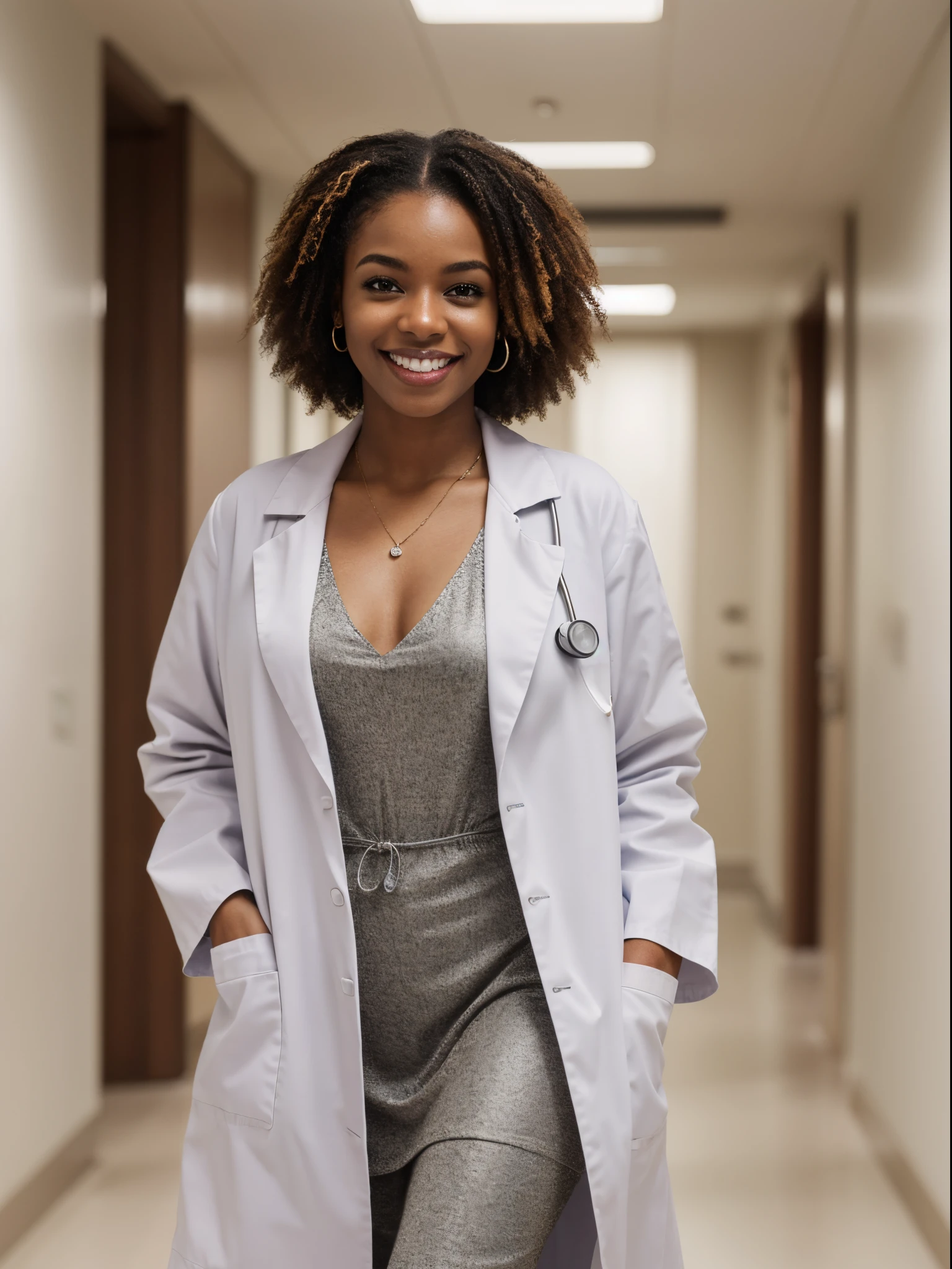 (Best quality,8k,ultra high res:1.2),(American woman, black skin),(Looking at viewer),(smile),(Stright hair),(White doctor coat),(Dress underneath),(at hospital),(Sfw)