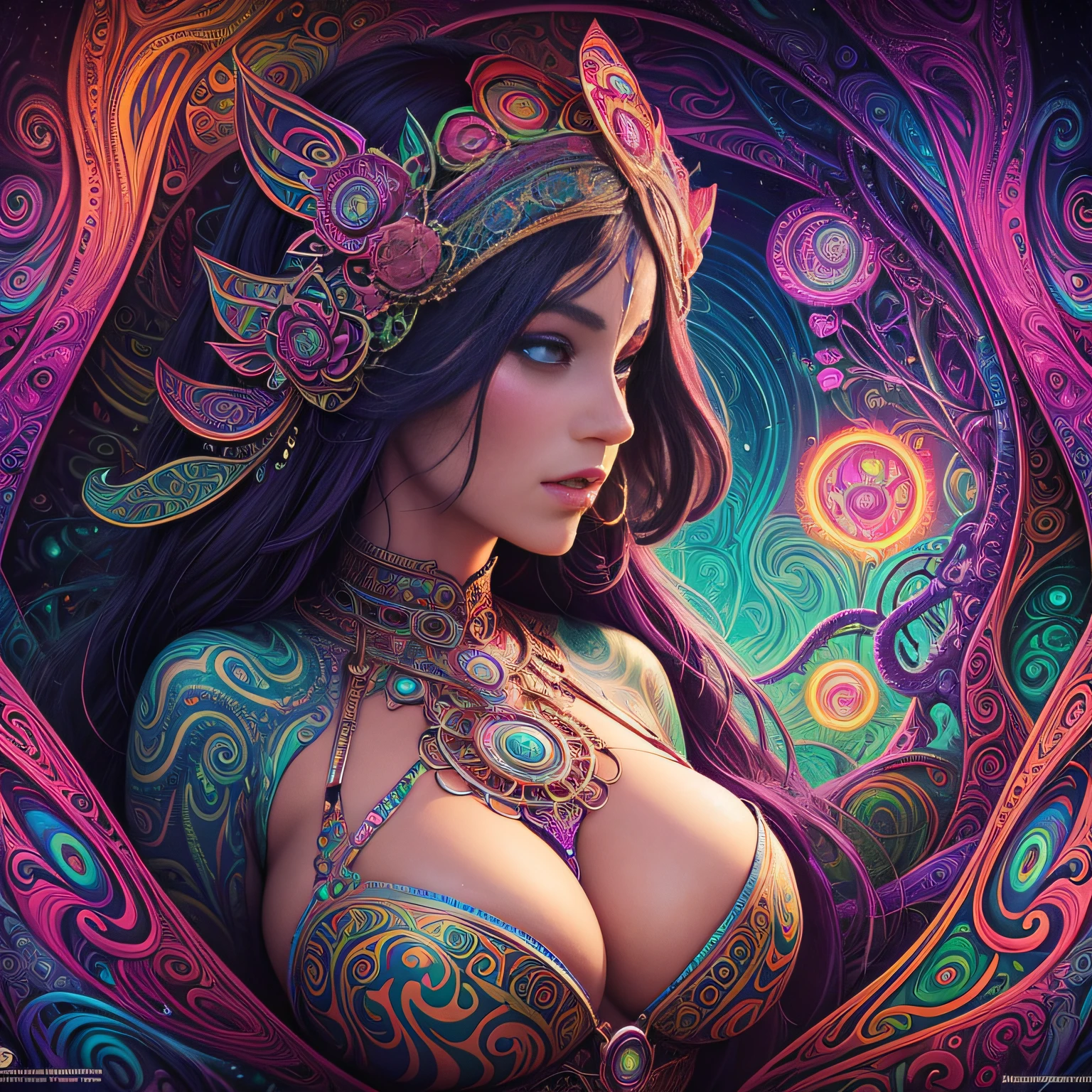 a woman with a large breast in a psychedelic painting, psychedelic goddess, dmt art, dmt goddess, visionary art style, psychedelic art style, 3 d goddess portrait, psychedelic art nouveau, psytrance artwork, psychedelic digital art, digital visionary art, psychedelic art, psychedelic surreal art, psychedelic artwork, highly intricate in technicolor, hyper - detailed visionary art