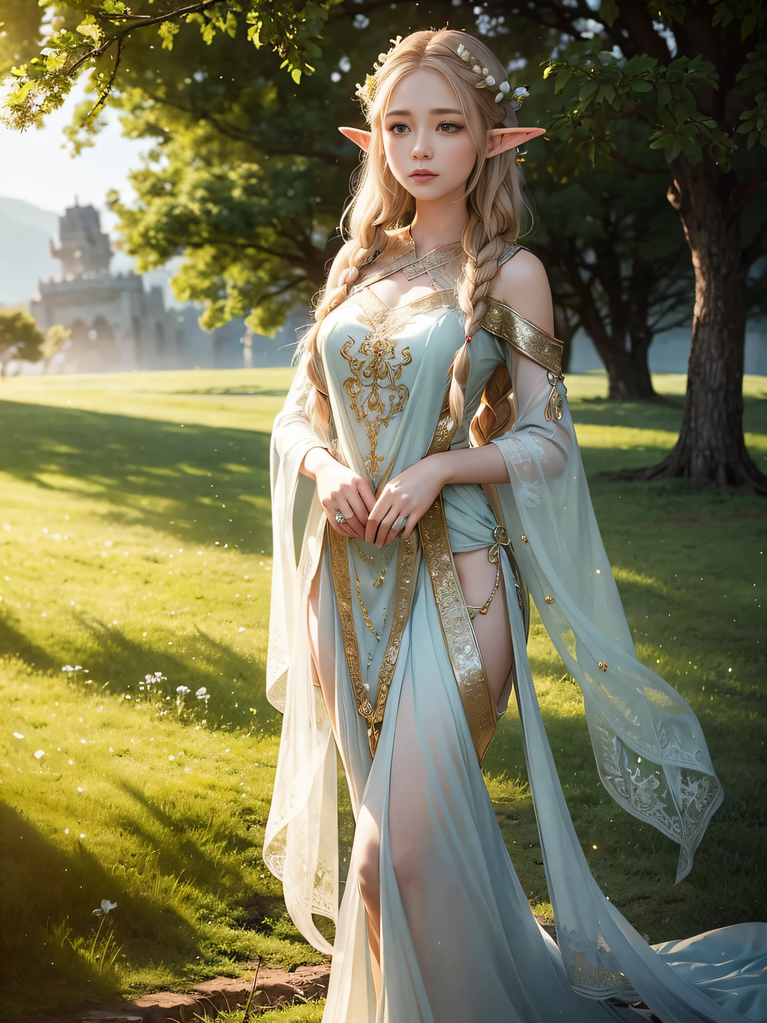 Graceful elven girl standing in meadow, Delicate face illuminated by the soft light of the setting sun. Her long, Flowing hair runs down your back, Decorated with intricate braids、Adorned with sparkling gemstones. This great photo is、、、It captures the ethereal beauty of elves. Slender figure in silk dress、Swaying in the soft steppe breeze. Attention to detail、Face that is、Face that is、Face that is、Face that is、It is evident in the intricate patterns of the dress and the subtle highlights of the luminescence. skin. The breathtaking portrayal of the elven girl is、、、、、Create an enchanting atmosphere、It invites the viewer to a magical world.