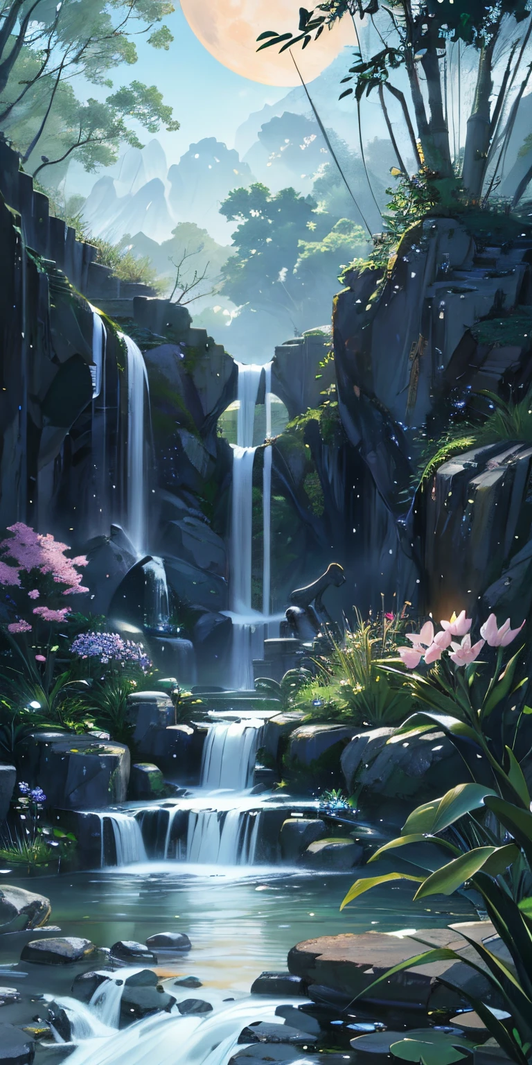 Ancient Chinese architecture, garden, bamboo, lake, stone bridge, rockery, arch, corner, rockery, tree, flowing water, landscape, outdoor, waterfall, meadow, rock, water lily, stream, lotus, moon, night view, hot springs, water vapor, (illustration: 1.0), epic composition, realistic lighting, high-definition detail, masterpiece, best quality, (very detailed CG unified 8k wallpaper), (best quality)