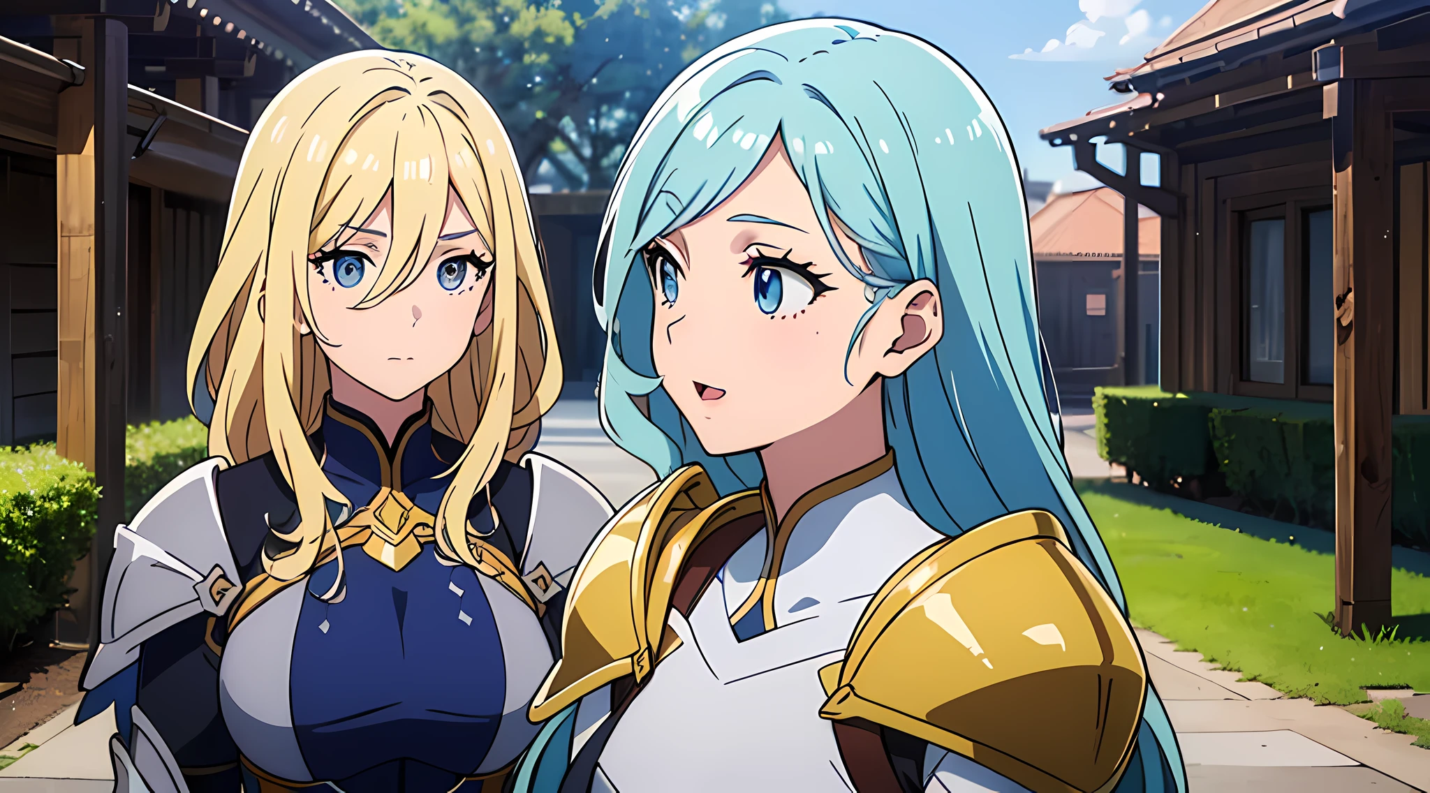 (3 moe girls), (beautiful eyes finely detailed, face to detail, multi color hair, long hair), knight armored, half body illustration, happy facial expression, walking together as a friend, the background is in the middle age park, many magical particles surrounding them, masterpiece, top-quality, detailed, high resolution illustration