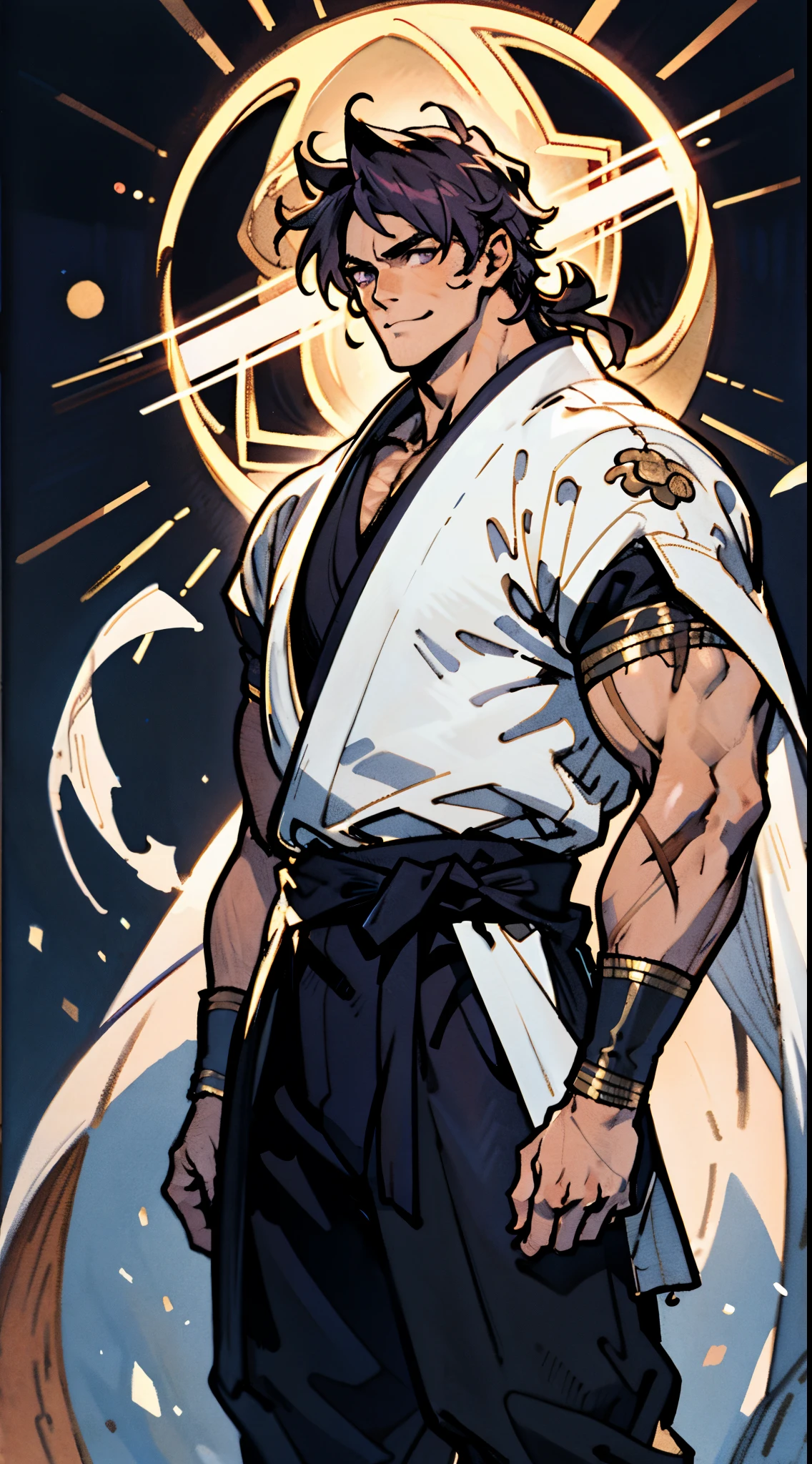 A young man, dense black-gold long hair, standing tall with upright hair, a majestic countenance, confident gaze, a scar under the eyes, a hearty smile, a fantasy-realistic tattered half-length martial arts outfit, short-sleeved, open-front robe revealing muscular physique, a coarse cloth belt around his waist, coarse trousers, towering and robust figure, he stands proudly, a glowing dark purple energy aura, the background depicts a black-and-white sky forming a yin-yang symbol, this character embodies a finely crafted fantasy-realistic martial artist in anime style, characterized by an exquisite and mature manga illustration art style, high definition, best quality, highres, ultra-detailed, ultra-fine painting, extremely delicate, professional, anatomically correct, symmetrical face, extremely detailed eyes and face, high quality eyes, creativity, RAW photo, UHD, 8k, Natural light, cinematic lighting, masterpiece-anatomy-perfect, masterpiece:1.5