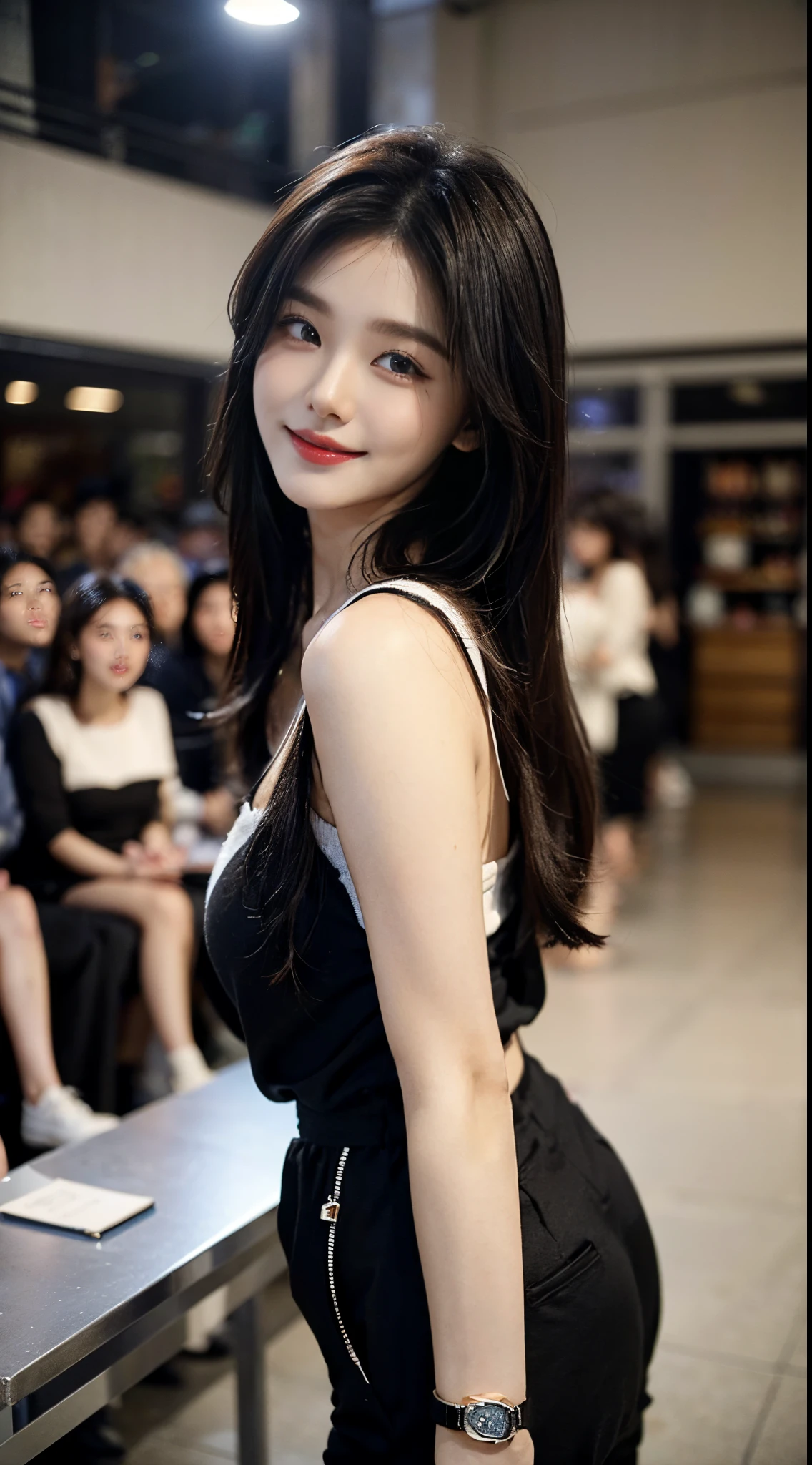 masterpiece、top-quality)、1 beutiful girl、slim、((Black and white casual clothes:1.1))、(Delicate and beautiful eyes)、Take a walk around the store、((Boyish brown medium length hair))、((The face is smaller))、((neutral face))、((Face seen from the side))、((light brown eyes))、((Korean girls))、((18 years old))、((Cool lady))、((A shy smile on his face))、((Korean makeup))、((eyes long and sharp))、((Happy dating))、((Watch from afar))、((boyish sense))、((Shoot from the same height as the face))、((shorter than the audience))、((She runs ahead of the audience))、((Cover your mouth with your hands))