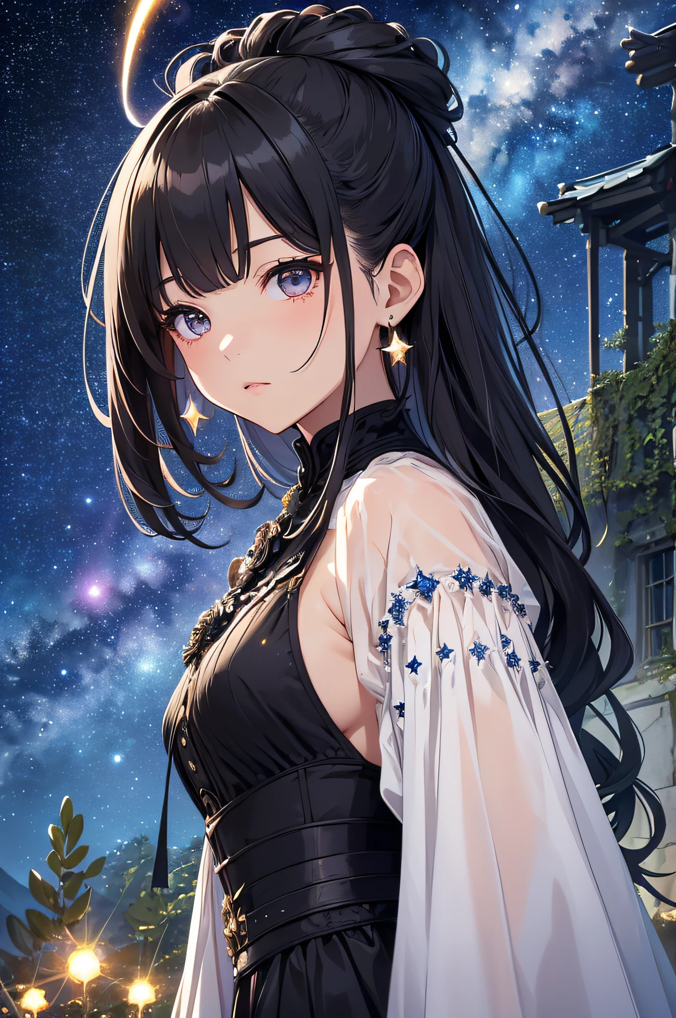 masterpiece、High Detailed Girls((a beauty girl、doress、Highly detailed hair ornament、Hair is tied up、My eyes are sharp))、Background with((Fantastic starry sky、meteors、black hole))、plants、Luminescent