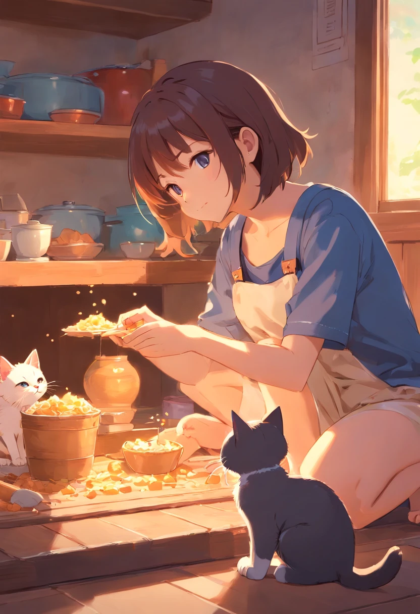 Kittens in various poses,kittens of all breeds,Kittens of all colors,Atlas,character design sheet,8K分辨率,higher detailed,Girl feeding cat on solid color background