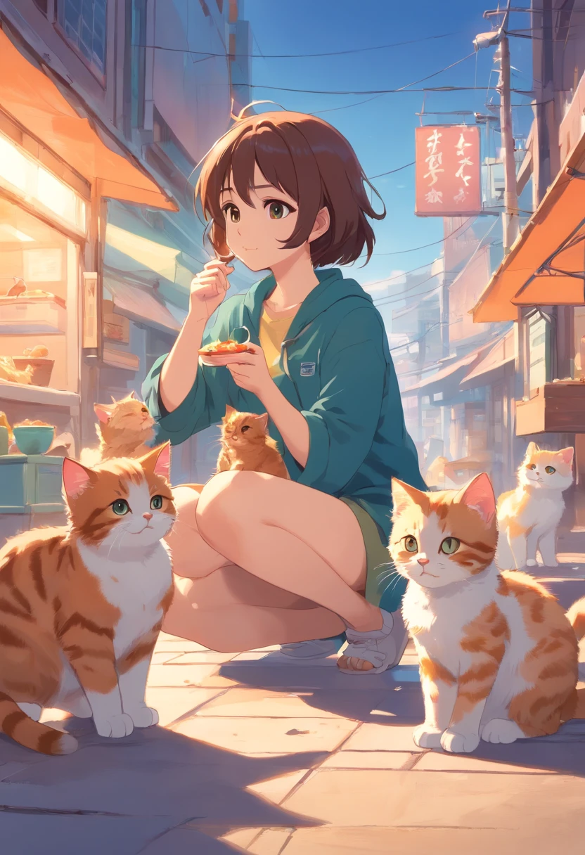 Kittens in various poses,kittens of all breeds,Kittens of all colors,Atlas,character design sheet,8K分辨率,higher detailed,Girl feeding cat on solid color background