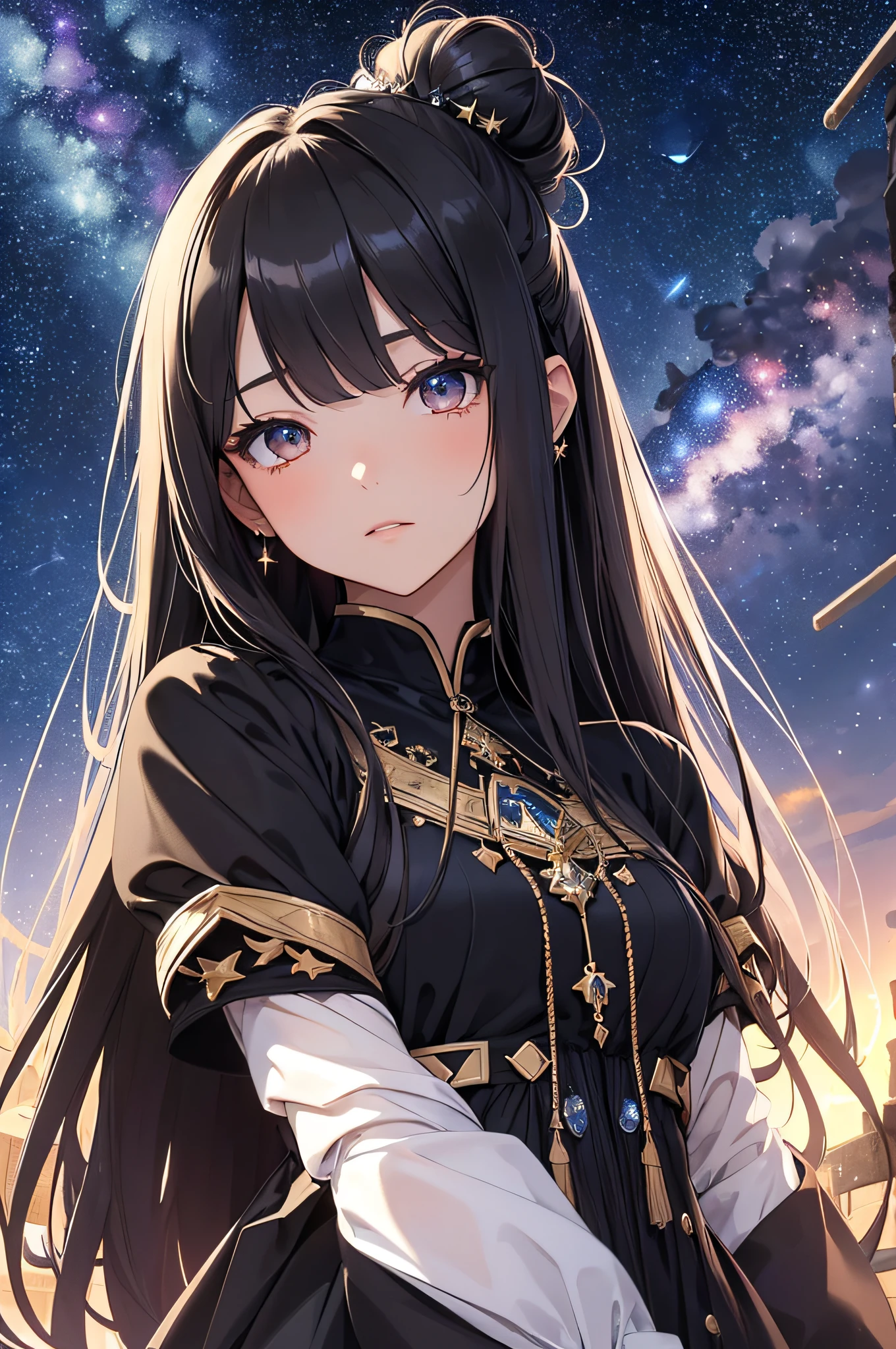 ​masterpiece、High Detailed Girls（（a beauty girl、doress、Highly detailed hair ornament、Hair is tied up、My eyes are sharp））、Background with((Fantastic starry sky、meteors、black hole))、plants、Luminescent