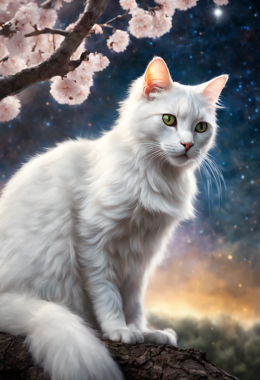 white cat with aura sitting on an apricot tree against the background of the Milky Way,highres,ultra-detailed,vivid colors,portraits,sharp focus,professional,beautiful detailed eyes,beautiful detailed lips,extremely detailed eyes and face,whiskers,fluffy fur,calm expression,dreamy atmosphere,soft lighting,subtle warm color tones.