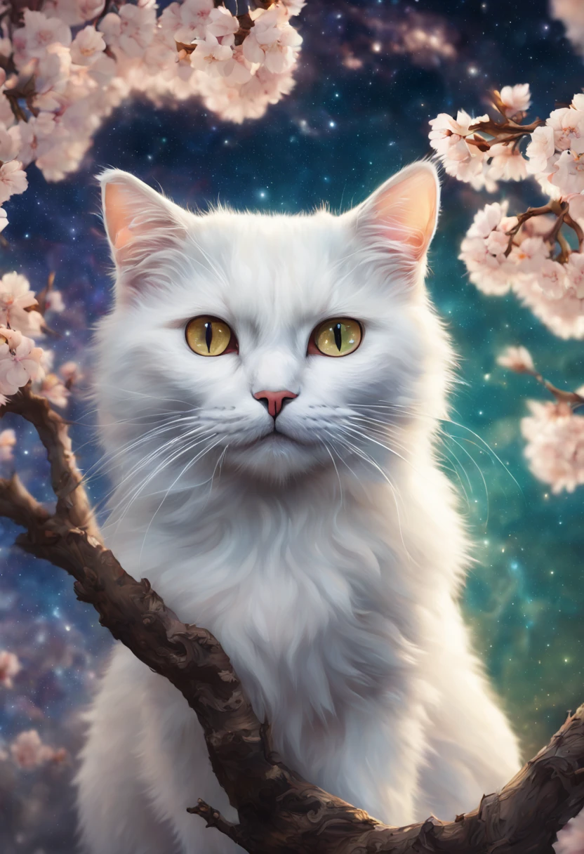 white cat with aura sitting on an apricot tree against the background of the Milky Way,highres,ultra-detailed,vivid colors,portraits,sharp focus,professional,beautiful detailed eyes,beautiful detailed lips,extremely detailed eyes and face,whiskers,fluffy fur,calm expression,dreamy atmosphere,soft lighting,subtle warm color tones.