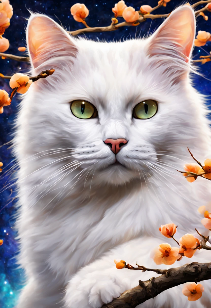 white cat with aura sitting on an apricot tree against the background of the Milky Way,highres,ultra-detailed,vivid colors,portraits,sharp focus,professional,beautiful detailed eyes,beautiful detailed lips,extremely detailed eyes and face,whiskers,fluffy fur,calm expression,dreamy atmosphere,soft lighting,subtle warm color tones.
