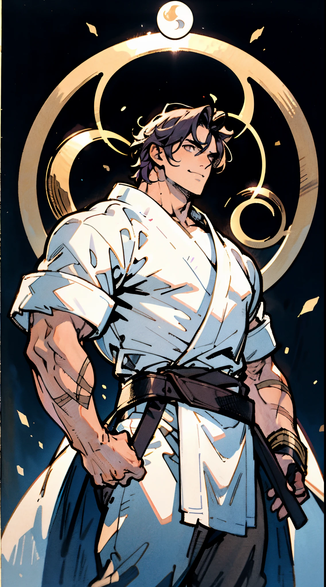 A young man, dense black-gold long hair, standing tall with upright hair, a majestic countenance, confident gaze, a scar under the eyes, a hearty smile, a fantasy-realistic tattered half-length martial arts outfit, short-sleeved, open-front robe revealing muscular physique, a coarse cloth belt around his waist, coarse trousers, towering and robust figure, he stands proudly, a glowing dark purple energy aura, the background depicts a black-and-white sky forming a yin-yang symbol, this character embodies a finely crafted fantasy-realistic martial artist in anime style, characterized by an exquisite and mature manga illustration art style, high definition, best quality, highres, ultra-detailed, ultra-fine painting, extremely delicate, professional, anatomically correct, symmetrical face, extremely detailed eyes and face, high quality eyes, creativity, RAW photo, UHD, 8k, Natural light, cinematic lighting, masterpiece-anatomy-perfect, masterpiece:1.5