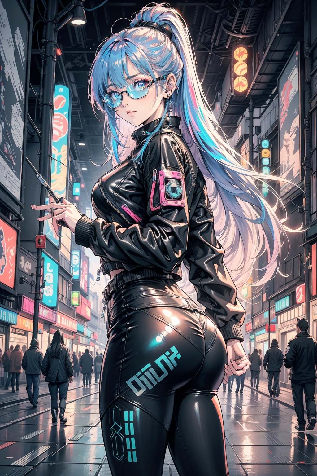 1girll ,Masterpiece, Best quality, Ultra-detailed, illustration, Cyberpunk rebel hackers
style: Futuristic city
quality: Sharp and dynamic, Depict a character: A tech-savvy character
illuminating: Neon city lights reflect her cybernetic enhancements
shading: The bold contrasts emphasize her confident and bold nature
clothing: High-tech tights leather jacket, Augmented reality glasses
background: Grit back alleys filled with holographic graffiti and neon signs