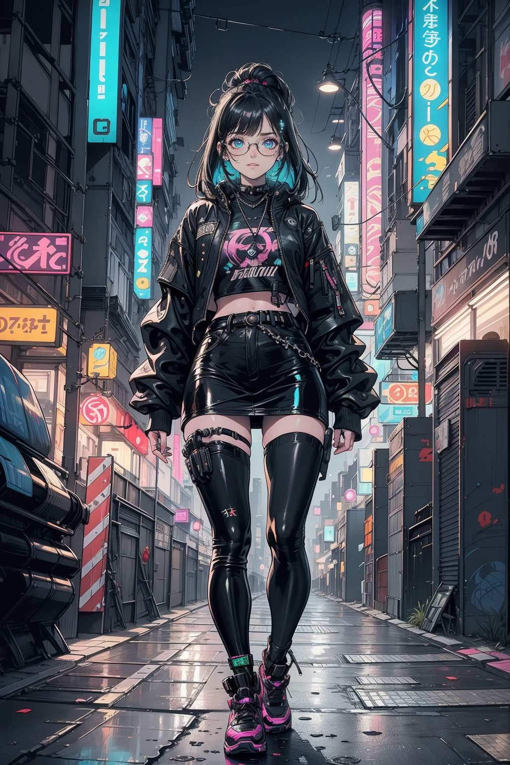 1girll ,Masterpiece, Best quality, Ultra-detailed, illustration, Cyberpunk rebel hackers
style: Futuristic city
quality: Sharp and dynamic, Depict a character: A tech-savvy character
illuminating: Neon city lights reflect her cybernetic enhancements
shading: The bold contrasts emphasize her confident and bold nature
clothing: High-tech tights leather jacket, Augmented reality glasses
background: Grit back alleys filled with holographic graffiti and neon signs