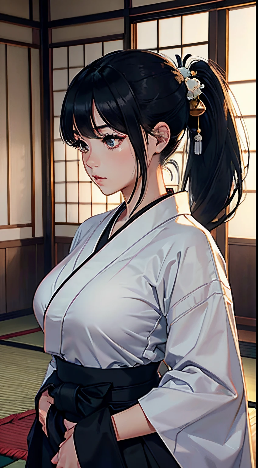 1 Beautiful、aikido、poneyTail、big eye、huge tit、((White kimono))、((Black Hakama))、black belt、Neat and pretty、Masterpiece、realistic、Photo Quality、dojo、traditional Japanese room、Cinematic lighting、