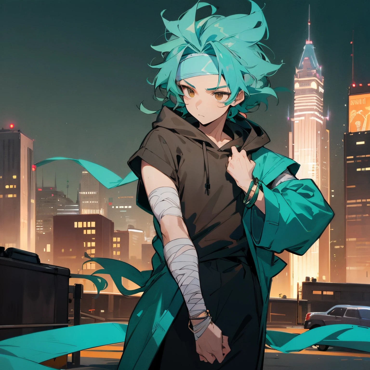 Medium Length Spiky Wavy hair , headband , bracelet , bandage on one arm , Teal Colored Hair , brown eyes , Black Hoodie , city background , standing infront of street , Messy Hair , 1male , Teen Male