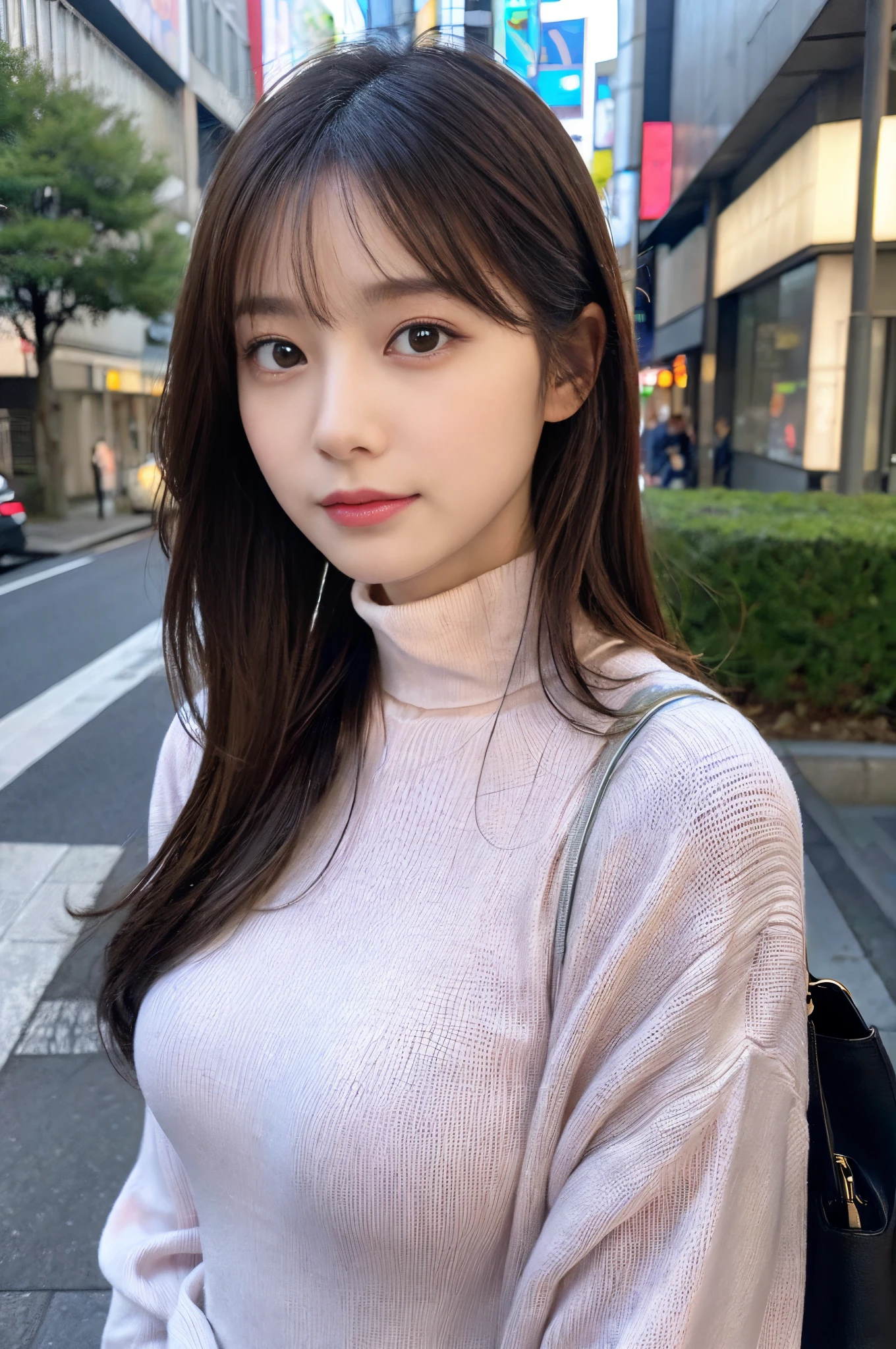 (Colossal tits、pink turtleneck knit、Shoulder bag)、(top-quality,masterpiece:1.3,超A high resolution,),(ultra-detailliert,Caustics),(Photorealsitic:1.4,RAW shooting,)Ultra-realistic capture,A highly detailed,high-definition16Kfor human skin、 Skin texture is natural、、The skin looks healthy with an even tone、 Use natural light and color,Woman in her 30s,japanes,,kawaii,A dark-haired,Middle hair,(depth of fields、chromatic abberation、、Wide range of lighting、Natural Shading、)、(Hair swaying in the wind:1.2)、Streets of Tokyo