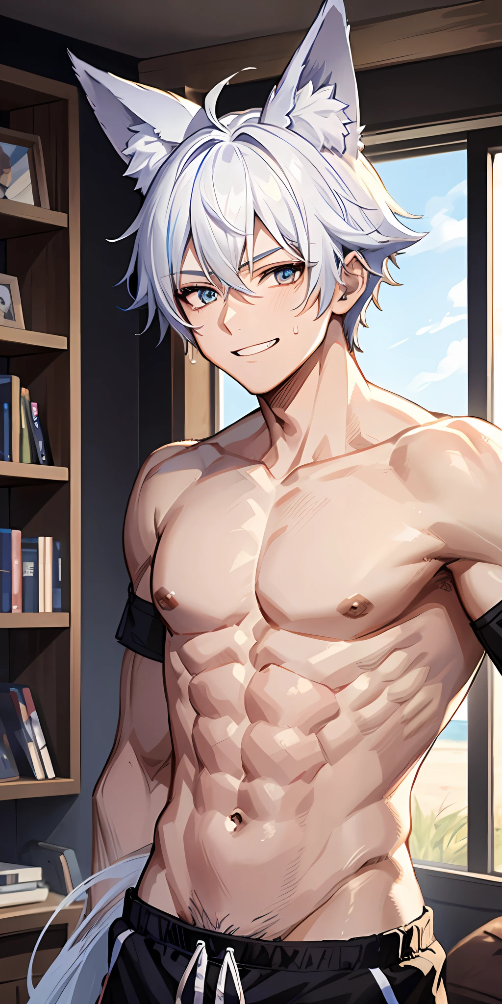 1boy, fox ears, fox tail, white hair with black streaks, blue and white eyes, slim, abs, masterpiece, shirtless, sweatpants, arms folded, grinning, living room setting