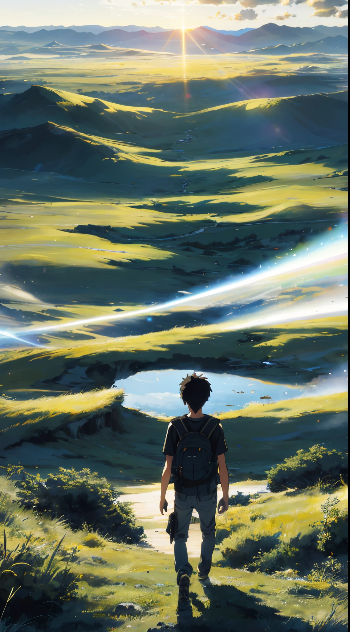 The vast sky, beautiful skyline, large grasslands, extremely tense and dramatic pictures, moving visual effects, the high-hanging Polaris, and colorful natural light, Half-sleeved t-shirt, pencil fit black pant, and a boy with a backpack.
