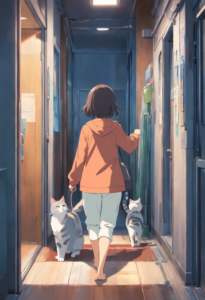 The girl goes out from the back and the mother holds the gray and white striped cat from the front