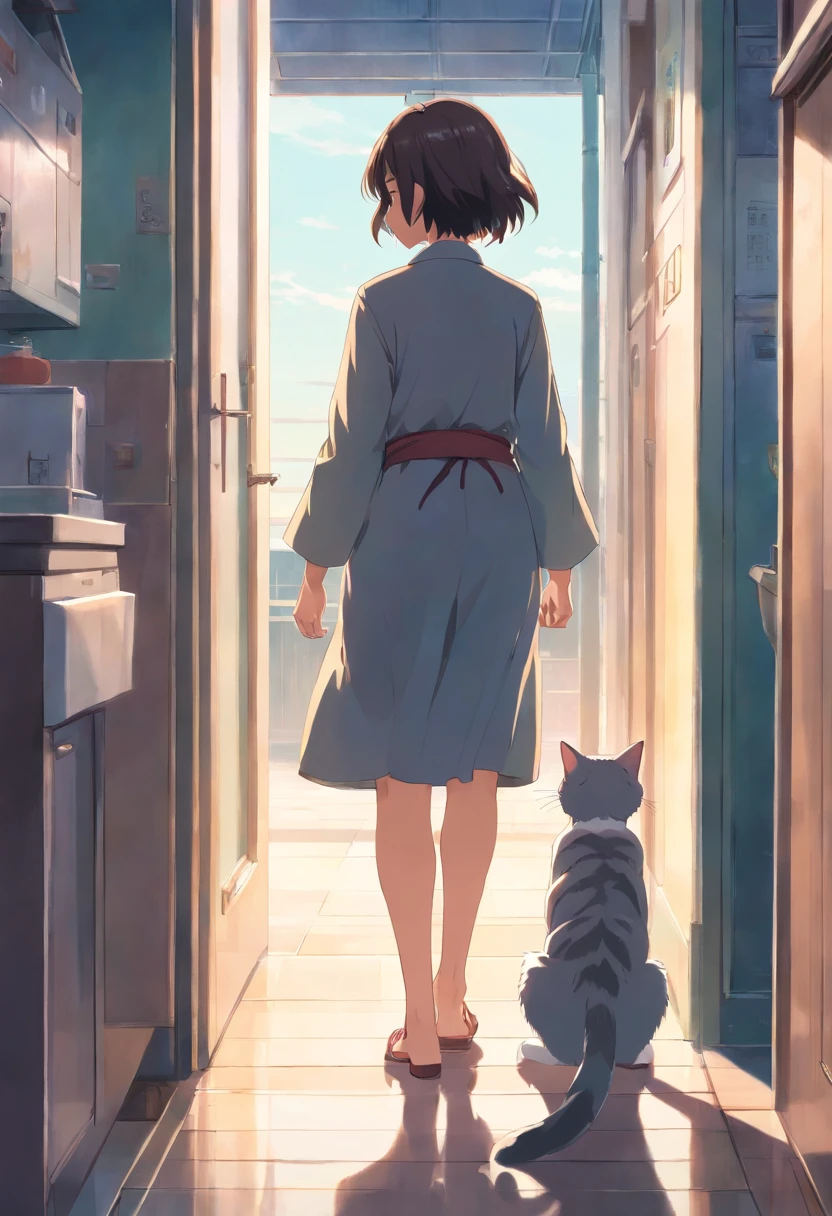 The girl goes out from the back and the mother holds the gray and white striped cat from the front