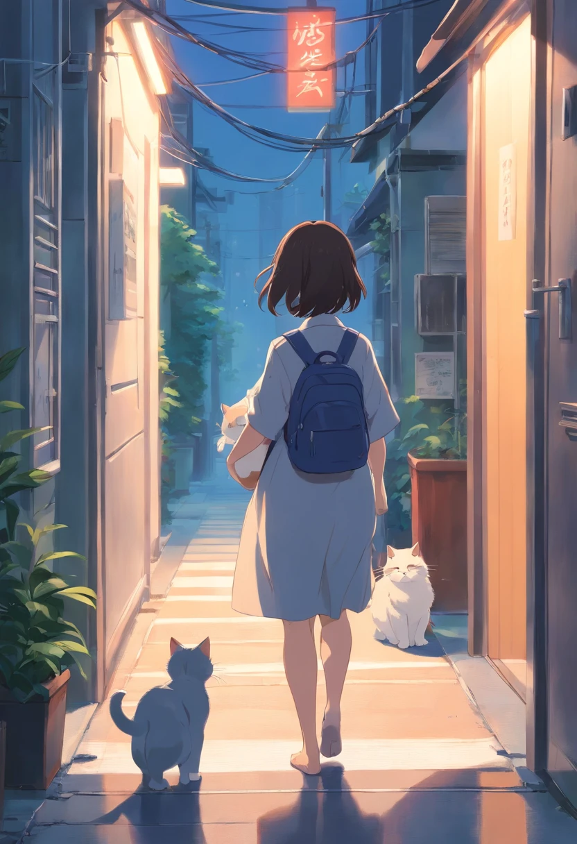 The girl goes out from the back and the mother holds the gray and white striped cat from the front