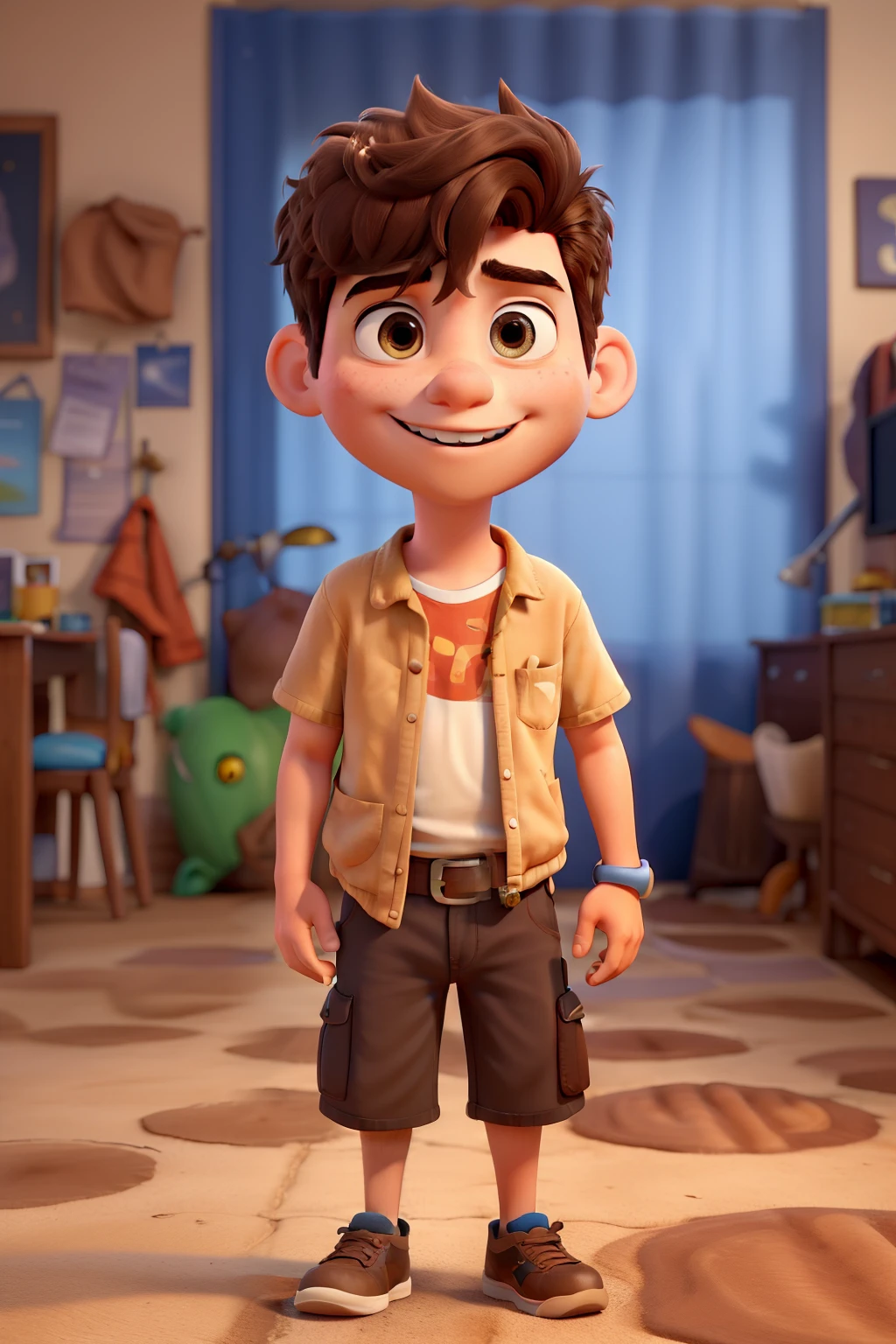 make a 3d pixar style post of a teenage boy with short brown hair,olhos castanhos, with a fat body with the title daniel