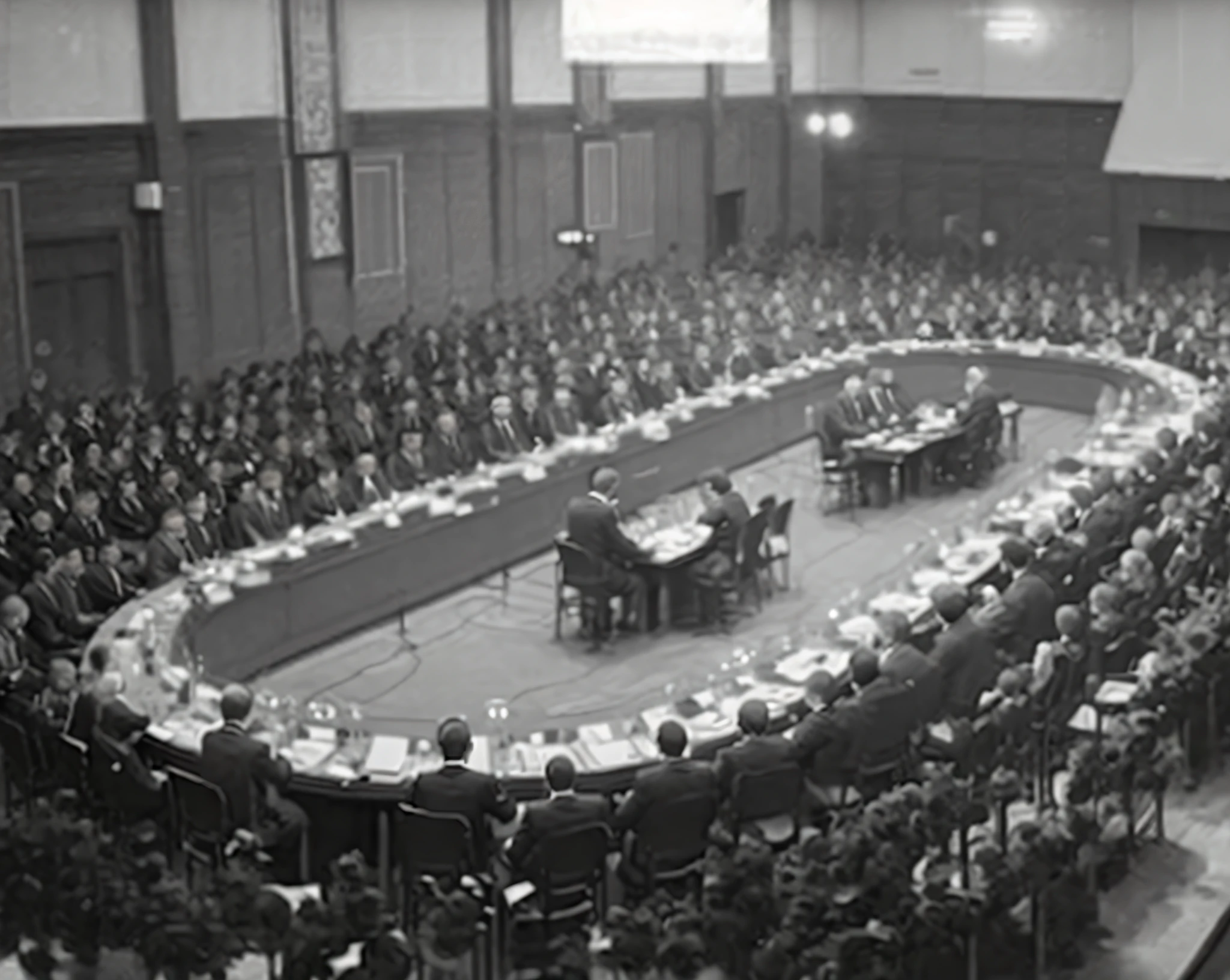 a large conference room with a large table, un meeting at the hague, court archive images, court session images, royal commission, government archive photograph, sitting at the parlament meeting, seated in court, 1 9 4 0 setting, holding court, version 3, thumbnail, historical picture, government archive, 1 9 4 0, anime, aime style, makoto shinkai style, 4k, 4k detailed,