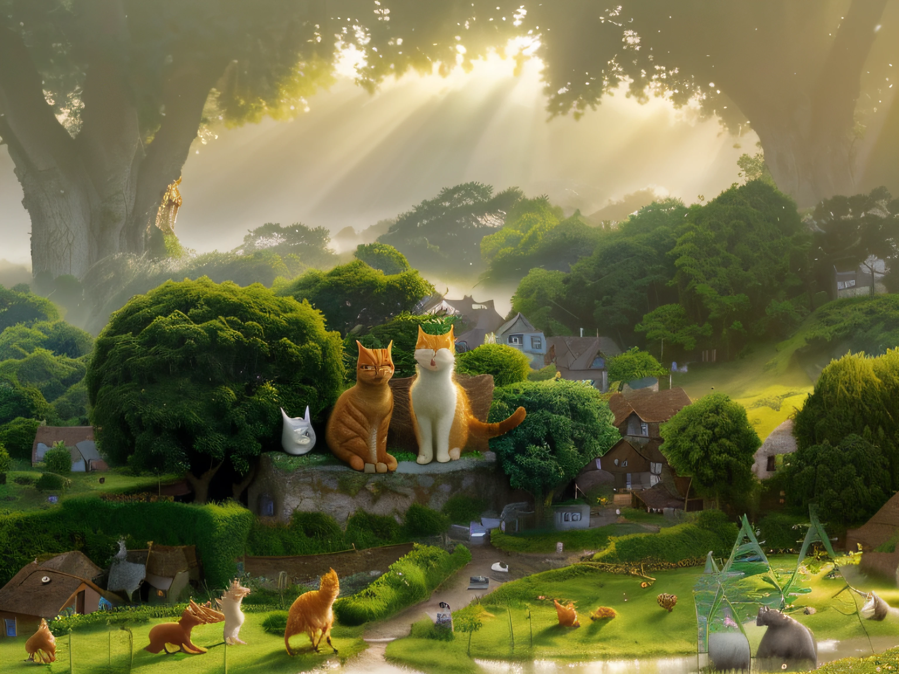 Many adorable and lively cats in the enchanting village, cute, amidst the misty and ethereal atmosphere, in 8K resolution, high-quality images, along the coastline and surrounded by lush green trees, bathed in golden sunlight
