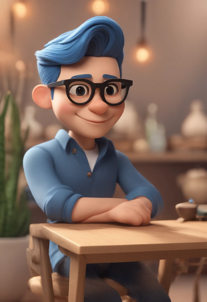 Cartoon character of a man wearing black glasses and blue shirt, an animated character, stylized characters, Animation-style rendering, 3D stylization, arnold maya render, Stylized 3D rendering, Cartoon rendering key shots, 3d character, 3d character, Stylized 3D rendering, 3D character rendering, cartoon character, Close-up characters, Character pose, (pixar-style) (main part:1.2) (bokeh) (Best quality at best) (Delicate skin) (Detailed texture) (8K) (clay) (电影灯光) (tack sharp focus,Sit down and raise your upper body