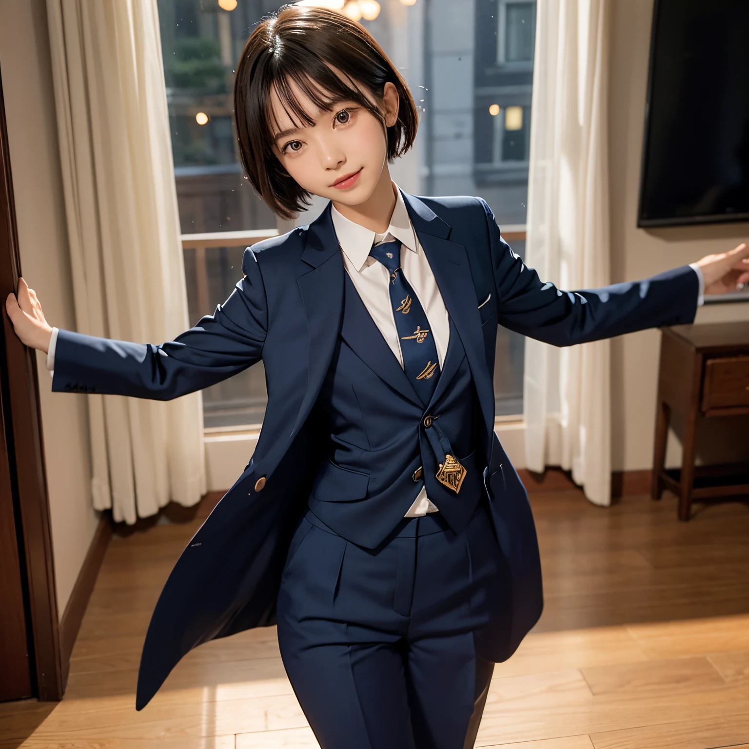 (masutepiece, Best Quality:1.2), 8K, Official art, Full body photo, full body Esbian、Fashionable background、luxurious backdrop、Emma fastening her tie.trouser、Cute smile、cute butt、Suits、A dark-haired、14years、small tits、A delightful、A smile、unbelievable Ridiculous, (Upper body, Dark blue suit:Cute Tie 1.4), Beautiful Girl, Pretty Face, arching back down, cute butt、Gold hair ornament on hair、Wearing a cute suit、close up, Wearing a suit, Short sleeve, gardenia, violaceaess, Teen,, Looking at Viewer, Film grain, chromatic abberation, Sharp Focus, face lights, Dynamic lighting, Cinematic lighting, Eyes and faces with detailed, Bokeh background, (Tie with Emma written on it、1 copy:1.2)