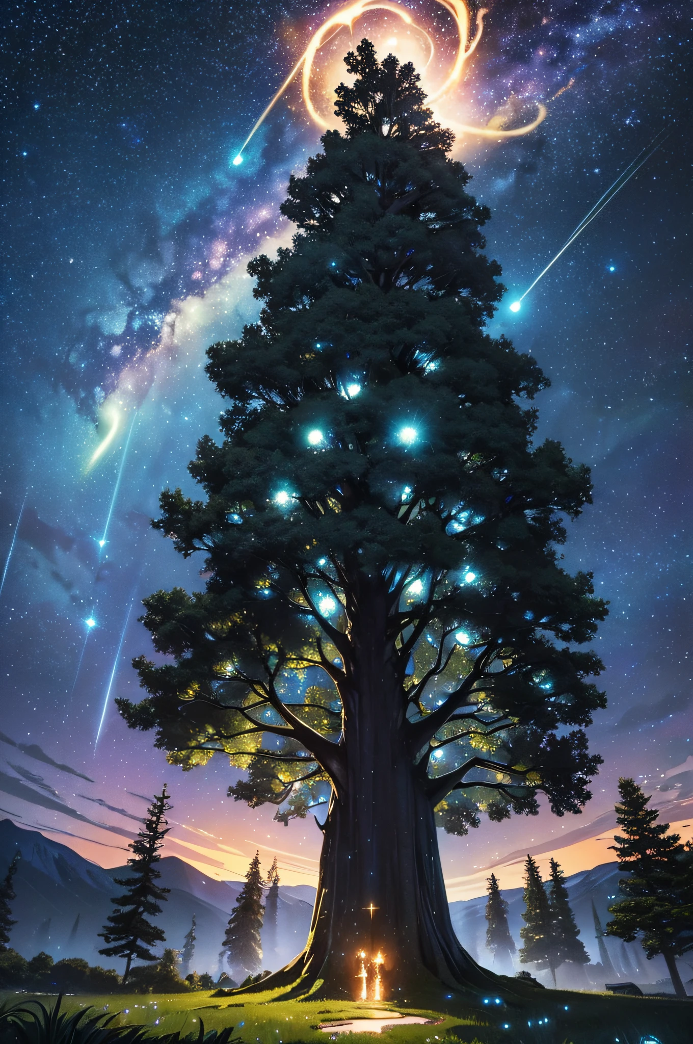 ​masterpiece、Background with((Fantastic starry sky、meteors、black hole))、Depth((Huge fantastic tree、Luminescent vegetation))、Looking up