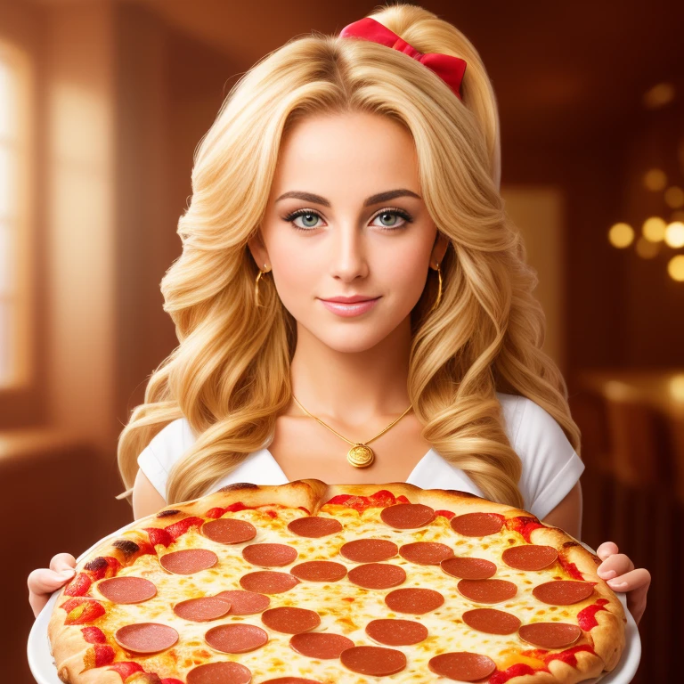 (Photorealistic, best quality, 4k, 8k, high res, masterpiece:1.2), ultra-detailed, golden bronde hair, long hair, mature and beautiful, realistic portrayal:1.2, Sailor Moon enjoying a delicious pepperoni pizza