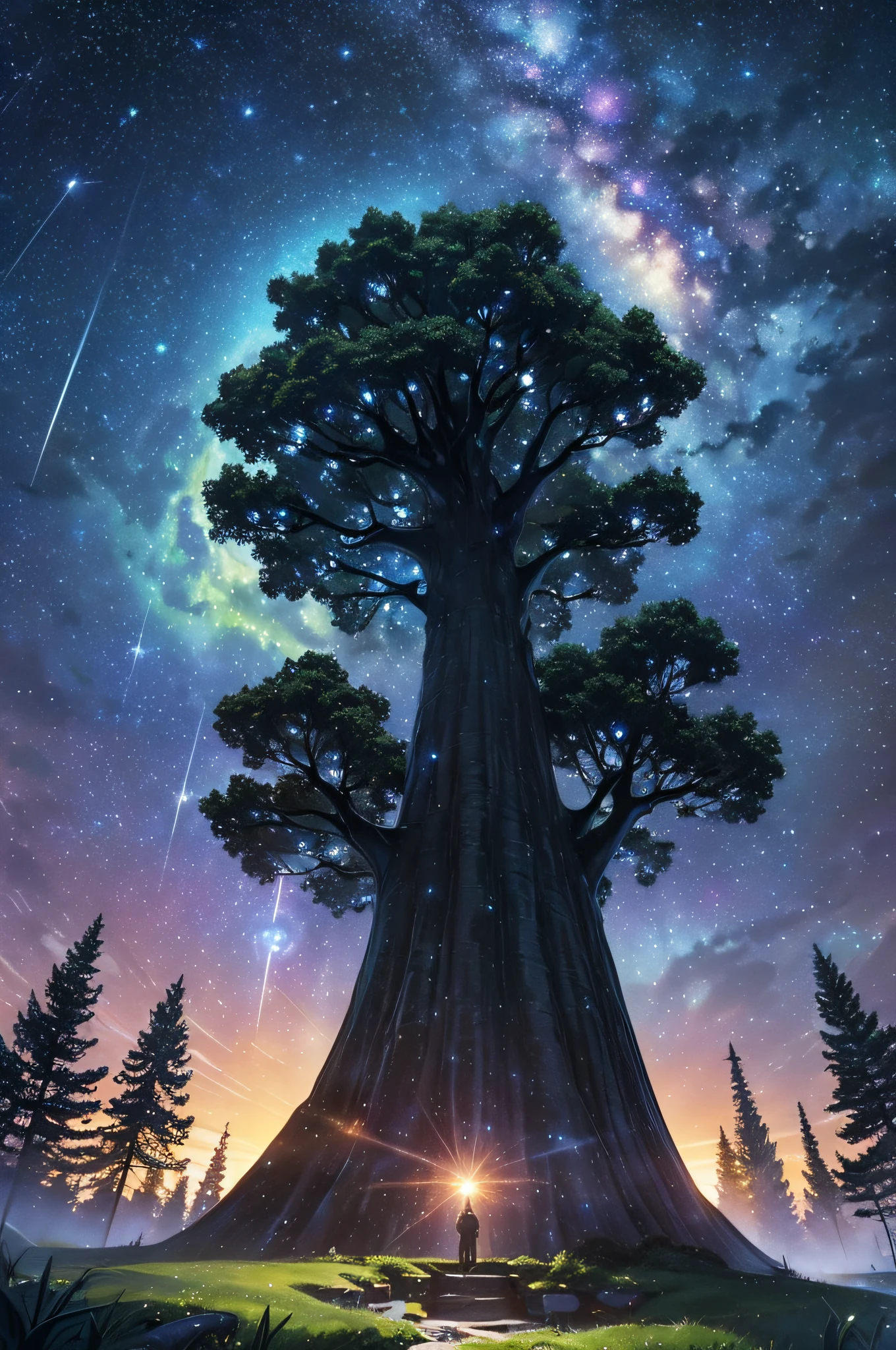 masterpiece、Background with((Fantastic starry sky、meteors、black hole))、Depth((Huge fantastic tree、Luminescent vegetation))、Looking up