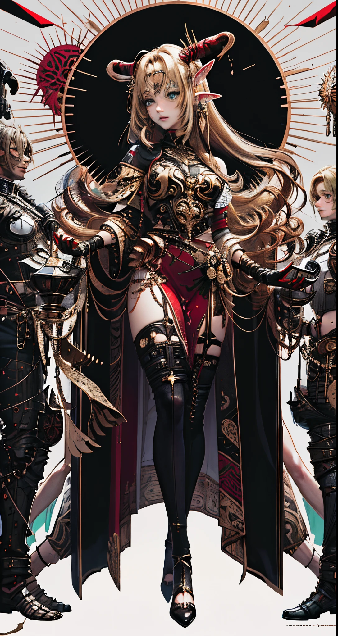 Beautiful fairy elf, long blonde hair, wearing a maroon dress, black horns, in the woods, green eyes, small tits, stockings , 2d hentai girl