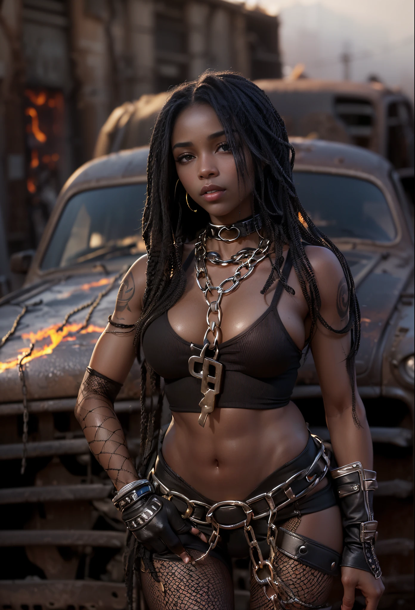 ((21-year-old))), black girl, (((light skin))), (((full body pose))), (((long curly black hair))), (((no bra, wrapped in chains, boots, guns))), (((black fishnet bodysuit))), (((submissive))), (((metal choker))), (((post apocalyptic scene, old cars, fire, death))), dark fantasy, (((thigh gap with cameltoe))), Rich, Deep Colours, (intricate details:0.9), (HDR, hyper-detailing:1.2), (natural skin textures, hyper realisitc, glistening skin, soft light, Sharp),