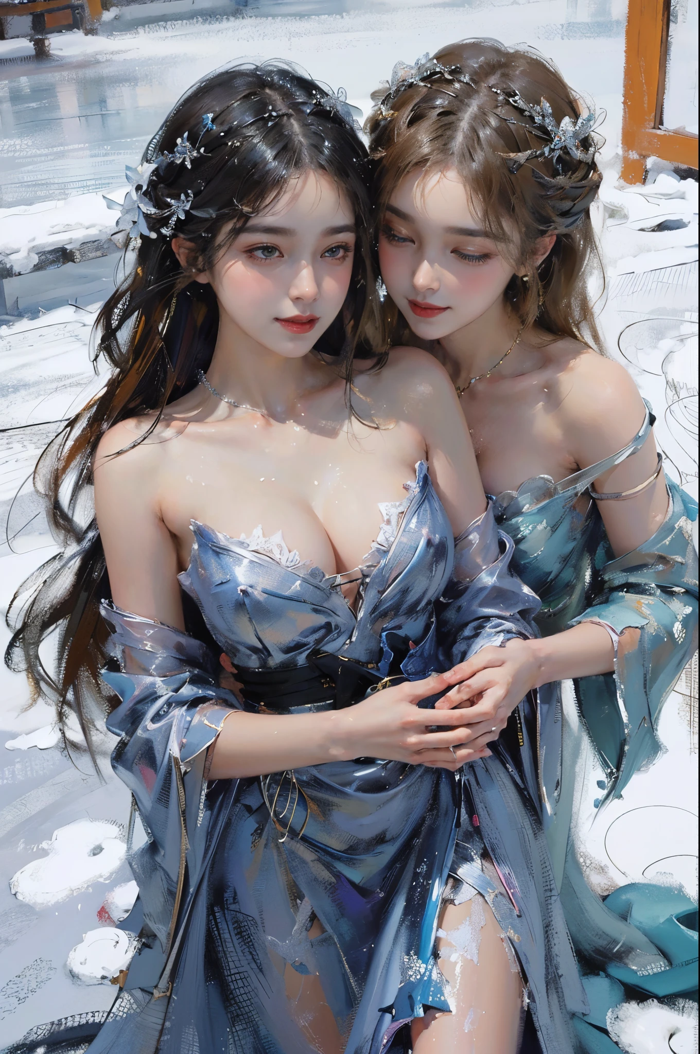 (2  girls),((Yuri))),((Eye contact))),(Look at each other),dancing in the snow, girl, ,(Best quality at best), ((tmasterpiece)), (A high resolution), pay,Perfect mature female figure, slim toned body,Original, mediuml breasts,High detail 8K wallpaper, Sweated,Wet hair,(very delicate beautiful),Contour deepening, realistically, Precise geometry, Complicated details,Smiling, long and flowing hair, Rises with the wind, Snowflake colorful gift,Close-up cleavage,((Sexual suggestiveness)),,(Fechin Oil Painting - Fechin Oil Painting , oil painted), 04