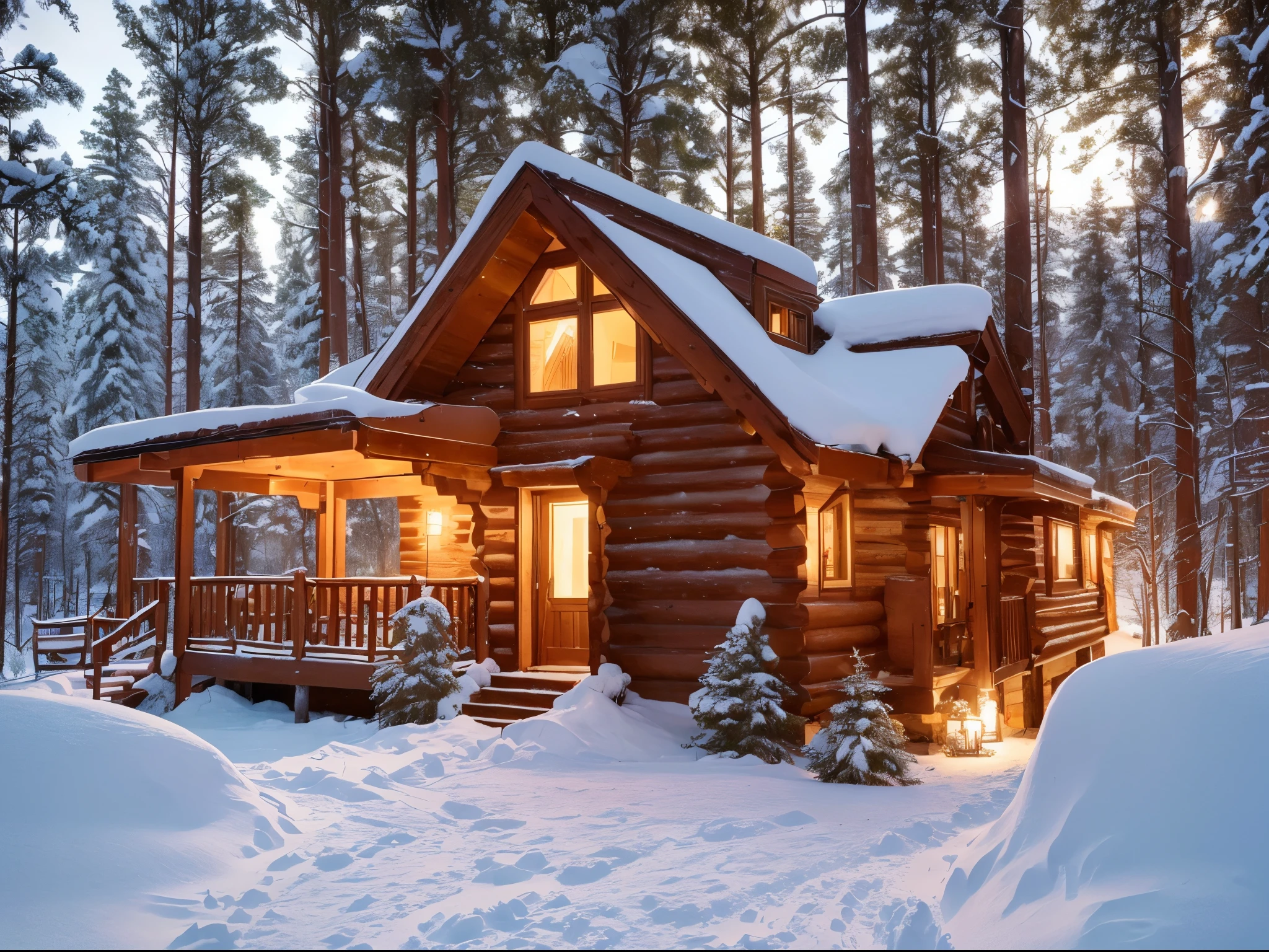(a cozy, snow-covered cabin nestled in a serene forest, warm inviting glow from its windows) [log cabin, snow-covered, serene forest, inviting glow]