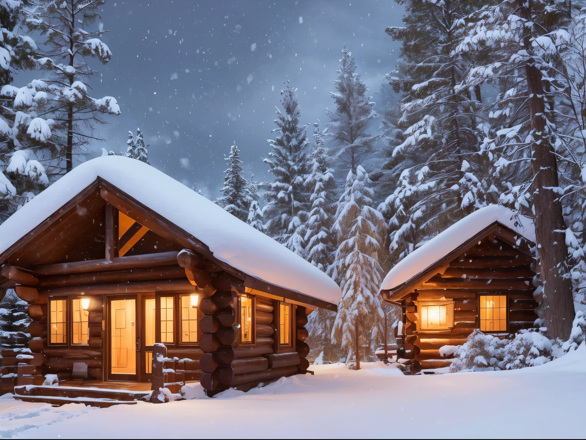 (a cozy, snow-covered cabin nestled in a serene forest, warm inviting glow from its windows) [log cabin, snow-covered, serene forest, inviting glow]